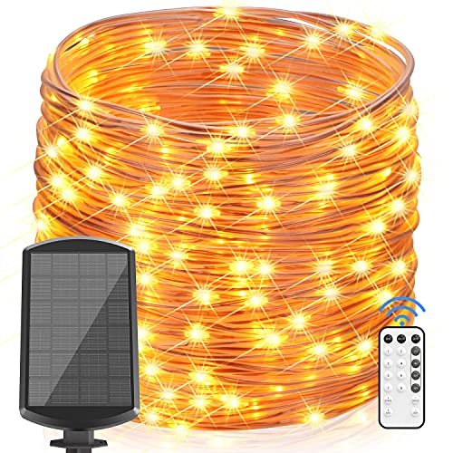 Solar String Lights Outdoor, 66 ft 200 LEDs Solar Powered Fairy Lights, IP67 Waterproof 8 Modes RF Remote Timer Rope Lights with 3.7V/2000mA, Solar Lights Outdoor Decorative (Warm White)
