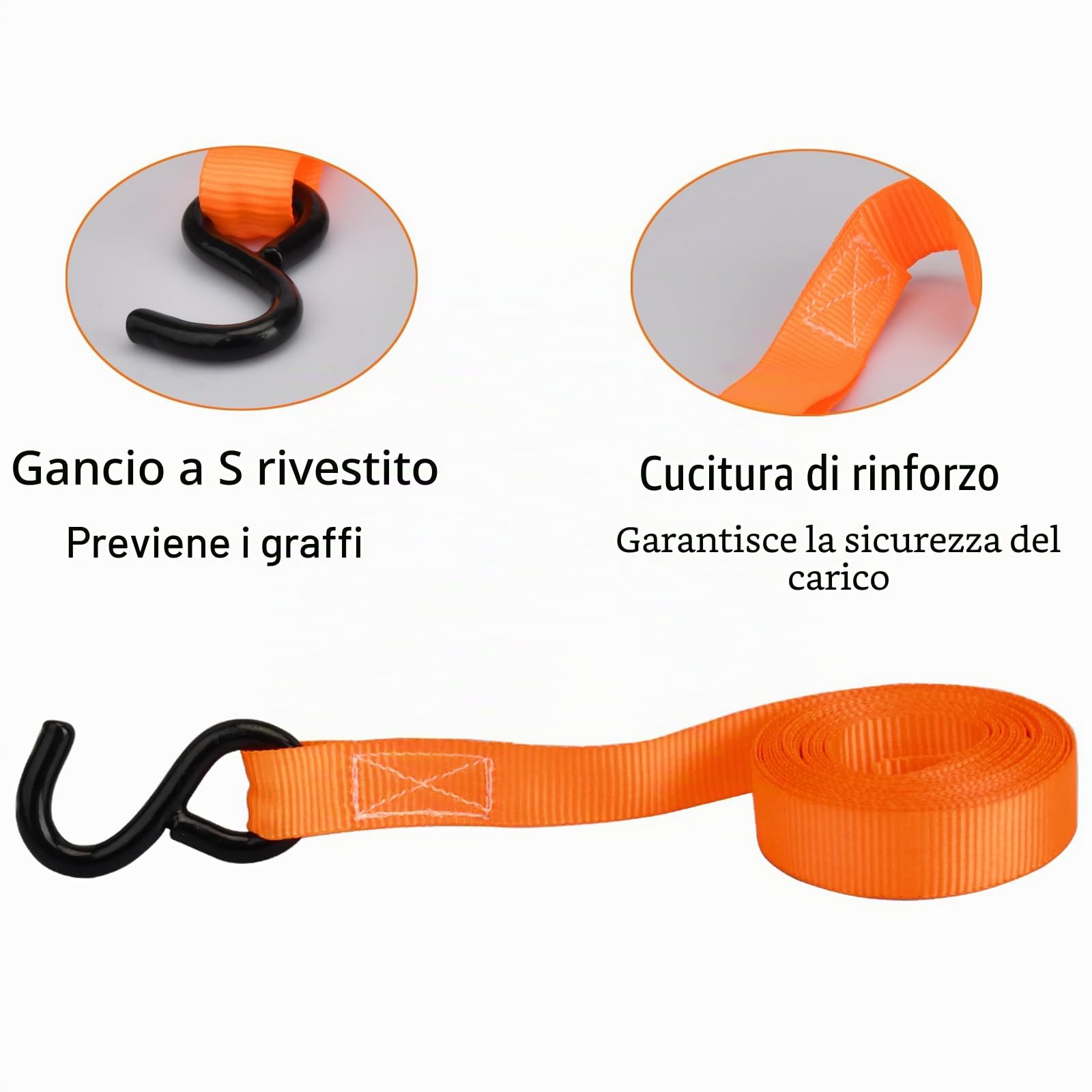 4 x 800 kg Cinghie di Fissaggio a Cricchetto - Cinghia Di Tensione con Gancio a S Rivestito,Lunghezza 5m, Larghezza 25 mm, Fasce a Cricchetto Per il Trasporto di Merci Stazionarie