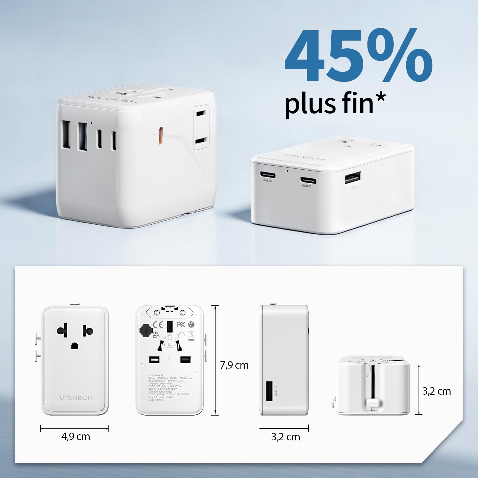 Nowość 2026 ultrapłaski adapter podróżny na całym świecie, uniwersalny adapter podróżny z 1 USB-A i 2 USB-C, kompaktowy adapter do USA, UK, Anglii, Japonii, Tajlandii i Australii