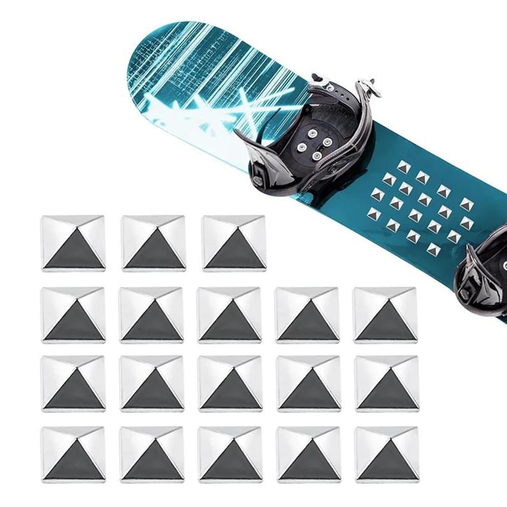 Tokaneit Cuscinetti per Lo Snowboard 18 Pezzi Argento Autoadesivo Piedini per Snowboard a Forma di Piramide,Antiscivolo per Sci Invernali,Tappetino Autoadesivo per Sci,Metallo Stomp Pad