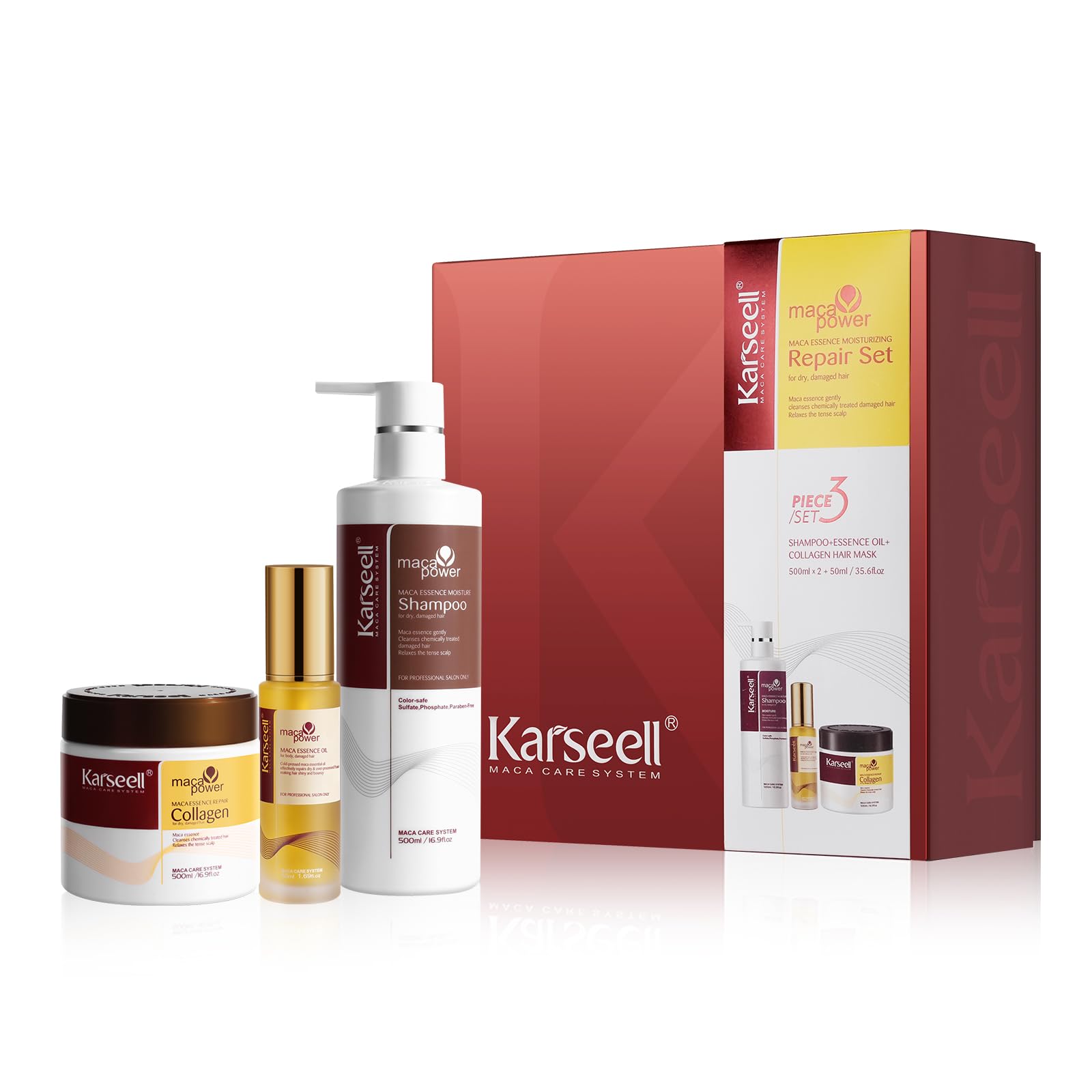 Karseell Collagen Hair Treatment Deep Repair Set | Hair Mask, Shampoo and Argan Oil for Dry Damaged Hair All Hair Types, 2 x 16.9floz + 1.69floz