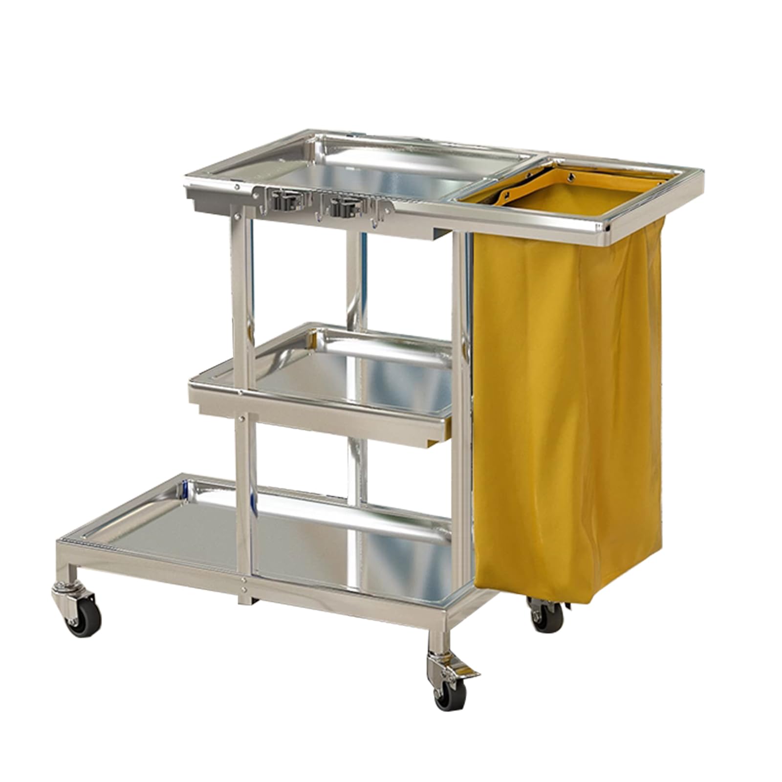 Profi Reinigungswagen mit extra groß Tasche,3 Ebenen Putzwagen Edelstahl，Hausmeisterwagen Reinigungswagen, mit Müllsack 65L(L,Yellow)