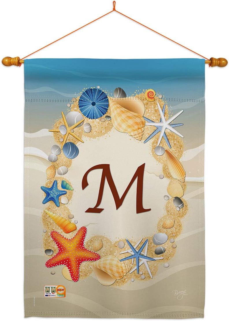 Summer M Initial House Flag Dowel Set Monogram Coastal Beach Tropical Sea Shells Ocean Sand Outdoor Coral Small Decorative Gift Yard Banner Made In USA 28 X 40