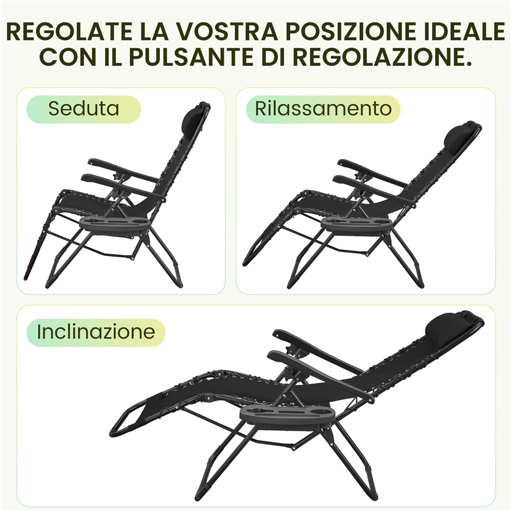 Yaheetech Sedie a Sdraio Pieghevoli a Gravità Zero con Vassoio Rimovibile Poltrona Relax per Piscina Giardino Esterno Spiaggia Nero