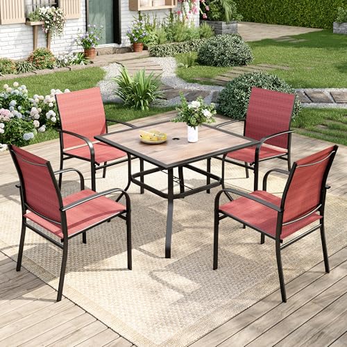 Image of MIXPATIO 5 Pieces Patio Table and Chairs Set, 4 Person Outdoor Dining Furniture Set, 4 Red Textilene Chairs and 37 inch Wood-Like Table Top Table with Umbrella Hole, for Deck Backyard Lawn