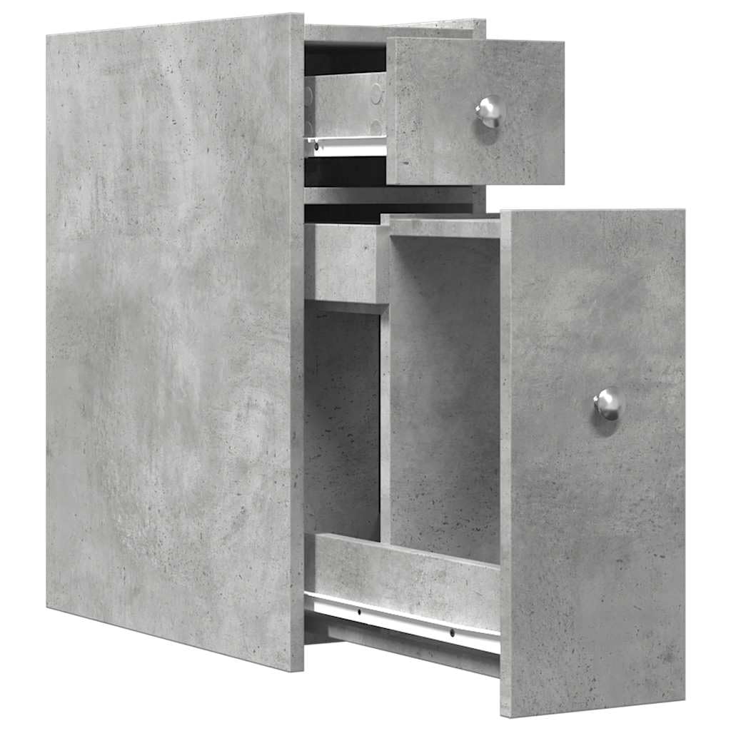 Mueble de baño estrecho con ruedas, color gris hormigón, cajones de madera, espacio de almacenamiento estrecho