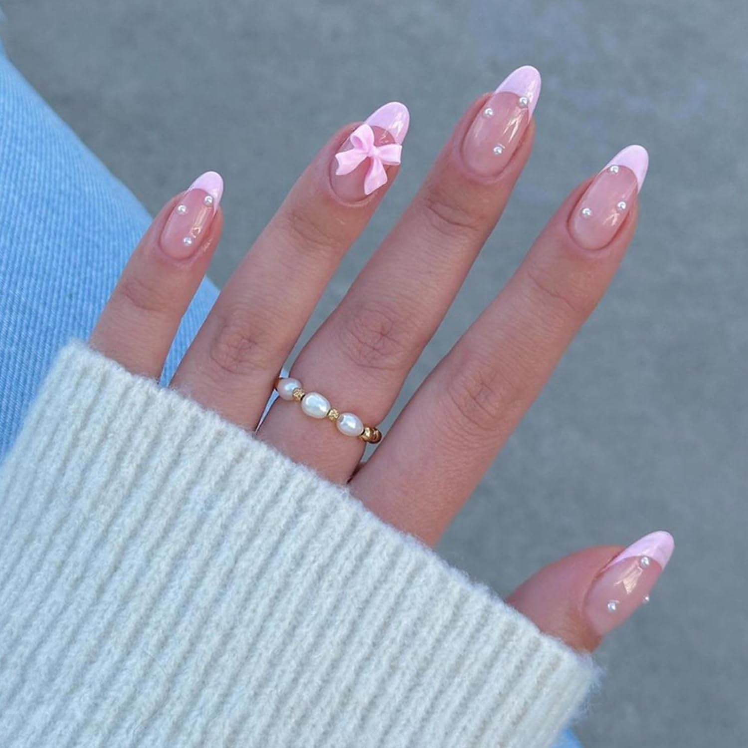 24pcs French Press on Nails, Almond Shape, Pink, with Bow & Pearl Design, French Tip, Luxury Glue on, Full Cover Artificial Nails for Women