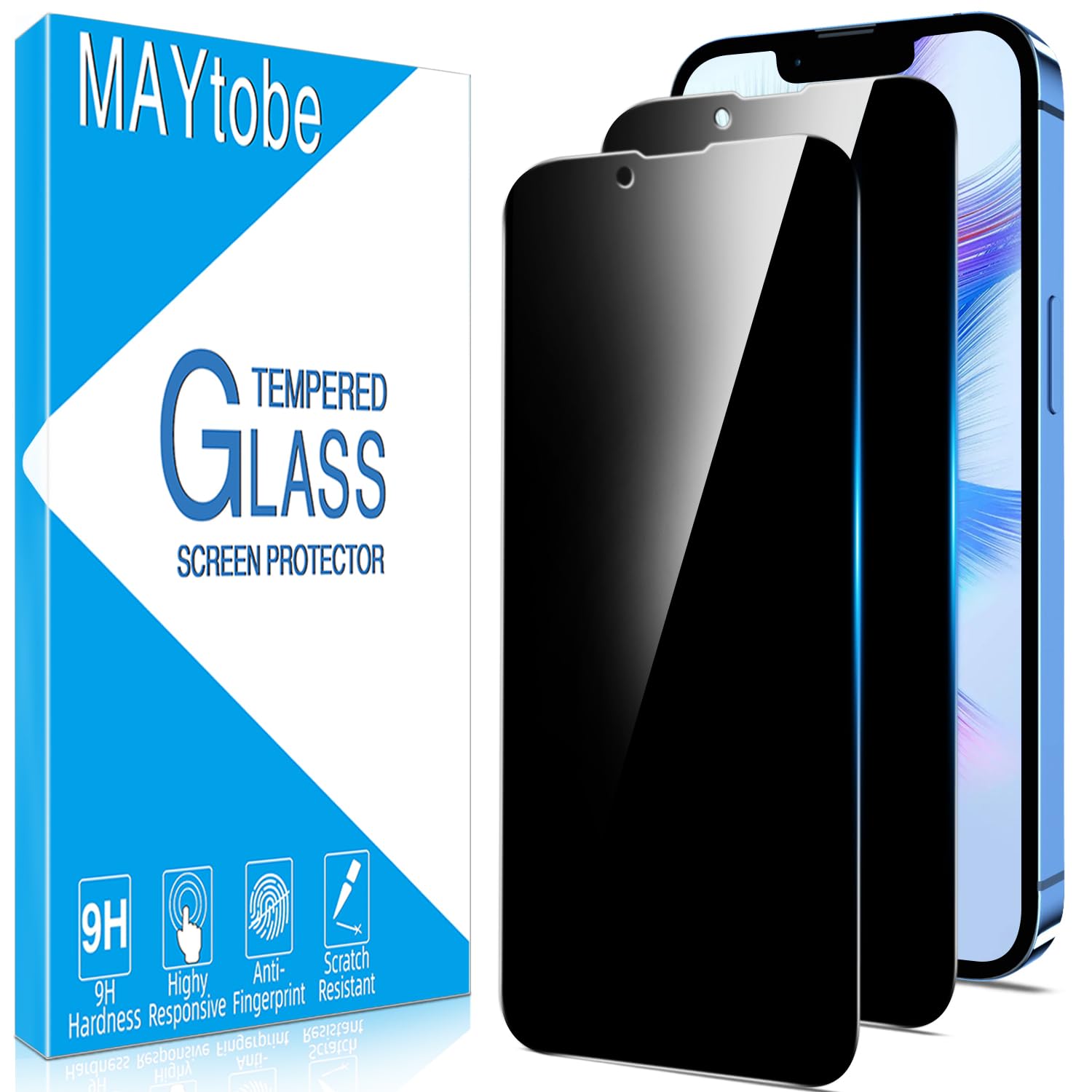 MAYtobe Protector de Pantalla Privacidad para iPhone 13, 13 Pro, iPhone 14 | 2 Unidades Cristal Vidrio Templado Anti Espía, Antiarañazos, Sin Burbujas, Dureza 9H, Ultra Resistente