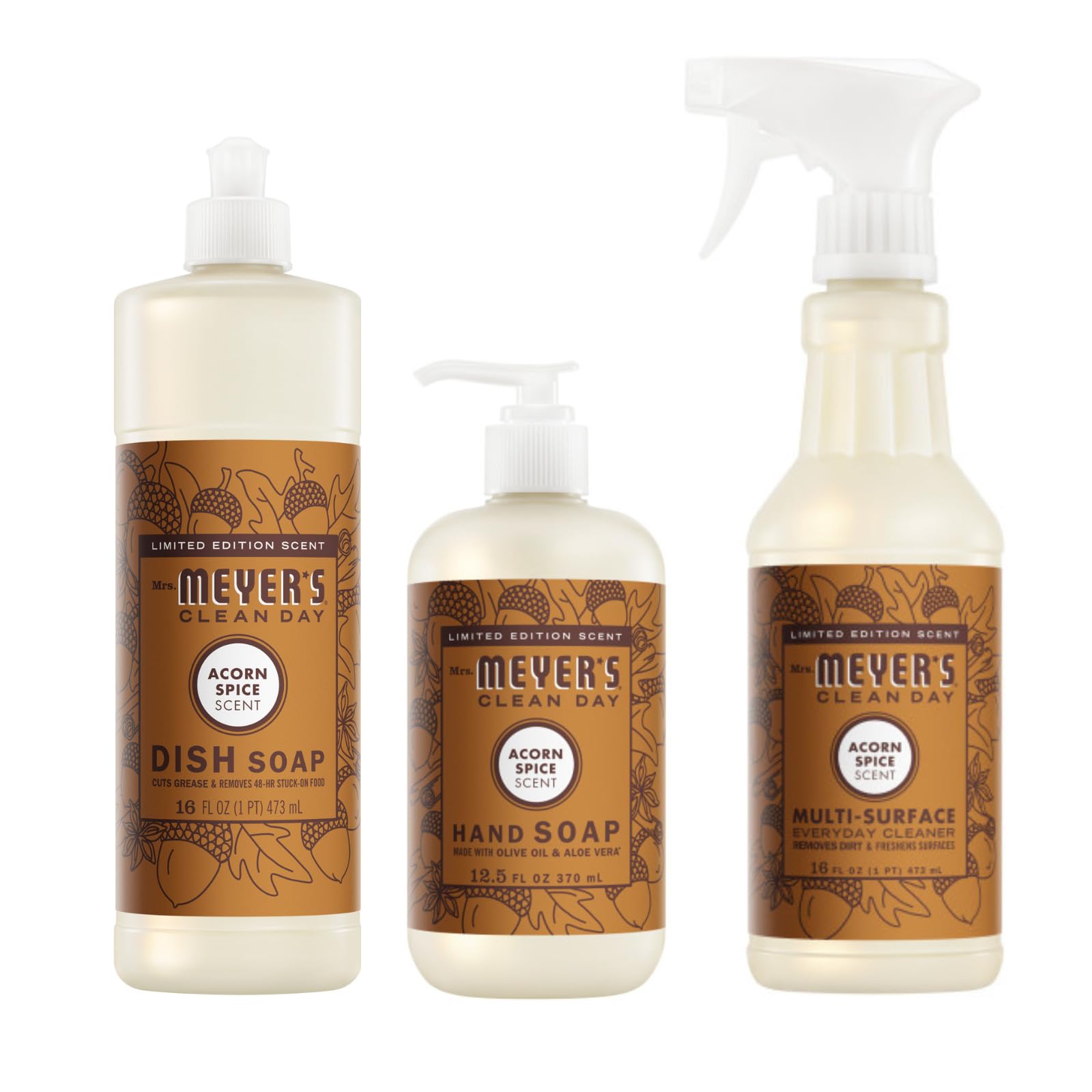 Mrs. MEYER'S Acorn Spice Kitchen Set Variation, Includes, 1 Hand Soap, 1 Dish Soap, and 1 Multi Surface Cleaner 3 ct.