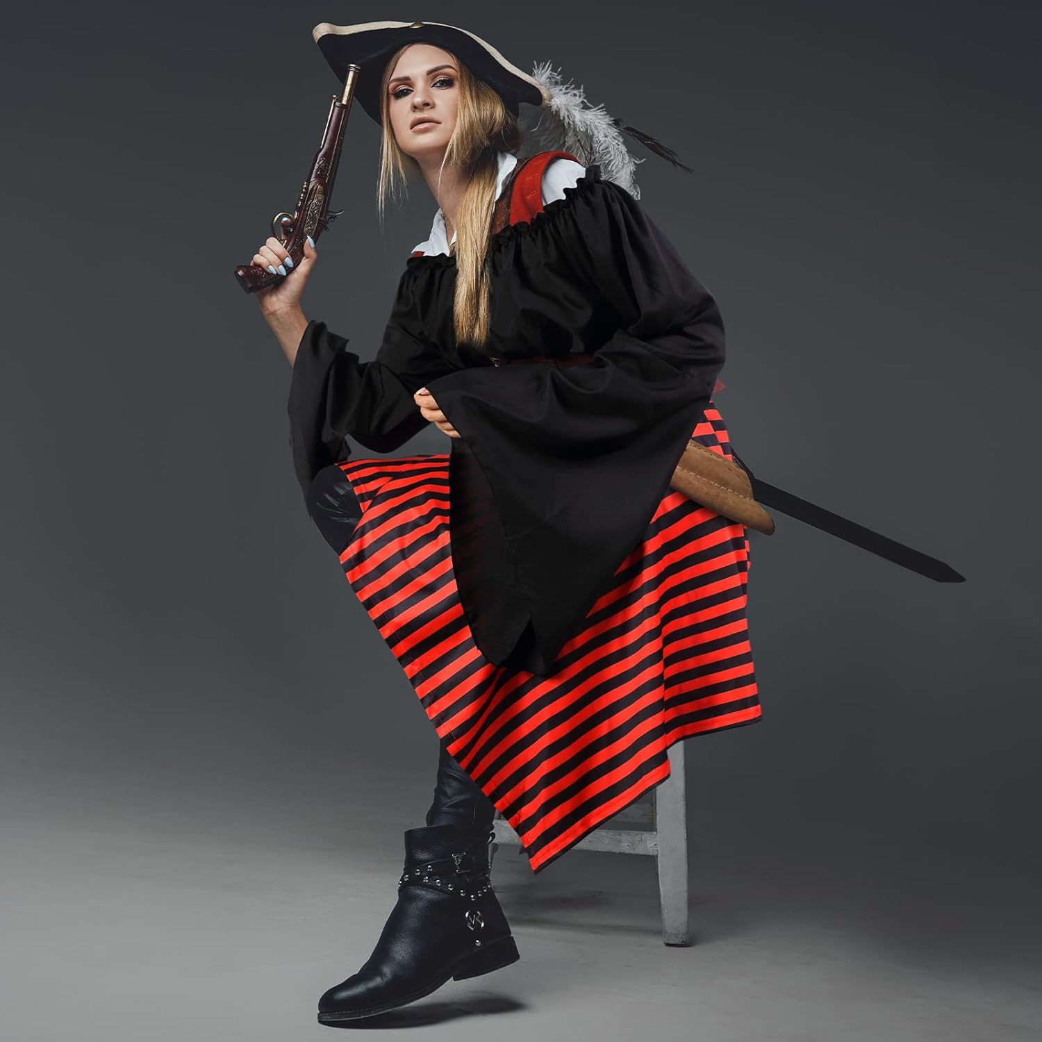 Shihanee Women Pirate Costume Outfits Renaissance Blouse Top Corset Pirate Skirt Medieval Accessories for Halloween Costume - Image 7