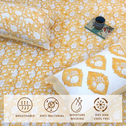 Image of TOAI Hand Block Printed Bedsheet | Bed Spread Flatsheet Bed Sheet | Pure Cotton | Queen Size 90 inchx108 inch | 210 TC Luxury Cotton | 2 Reversible Pillow Covers |Light Mustard Kalamkari