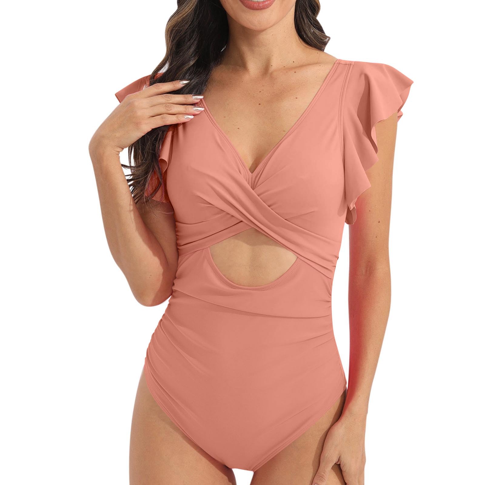 Uillui Womens One Piece Swimsuit Ruffle Cutout Bathing Suits Slimming Tummy Control V Neck Wrap Swimwear Athletic Swimsuit