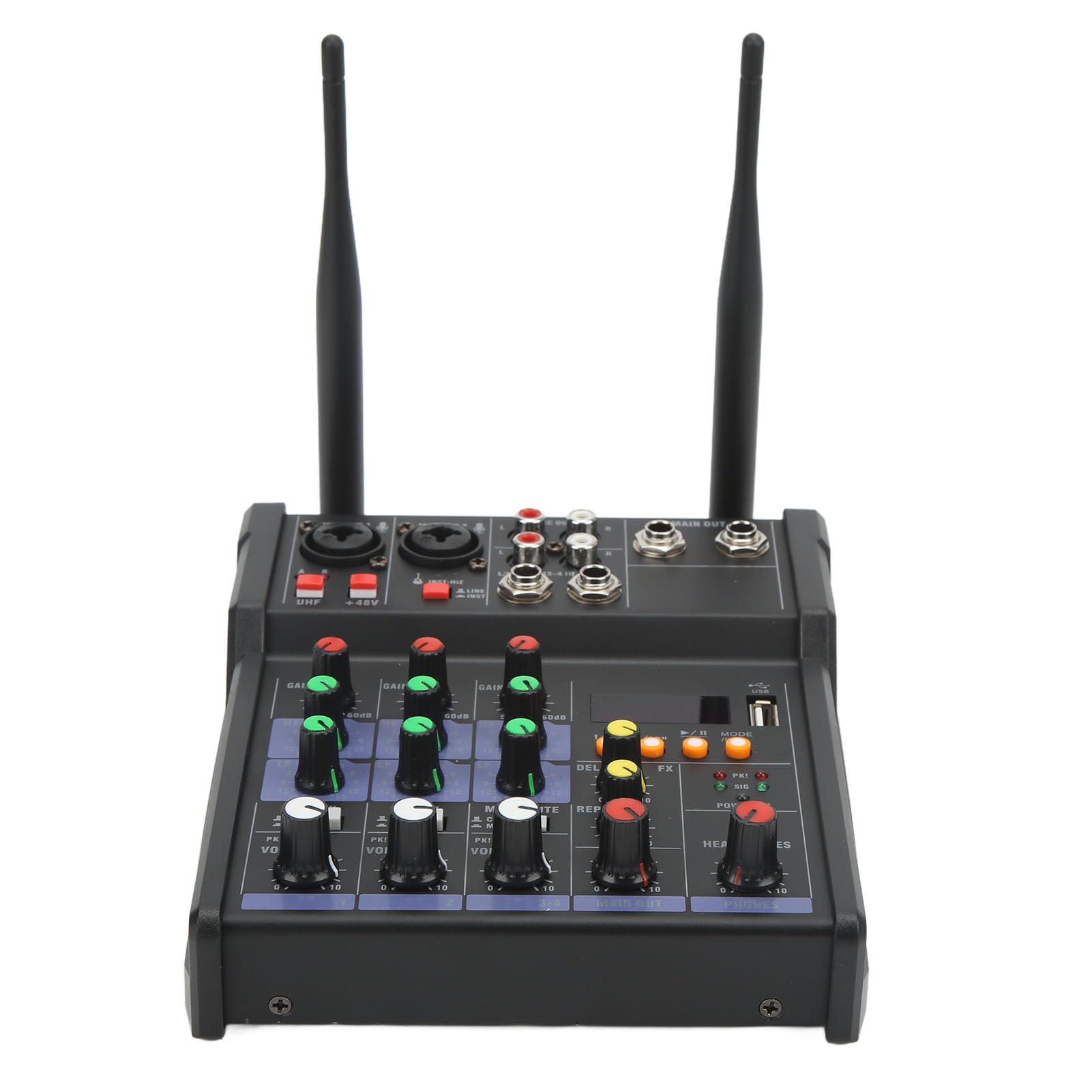 Walmeck Mały Metalowy Mikser Stereo z 2 Mikrofonami Bezprzewodowymi do Transmisji na żywo i Imprez Karaoke