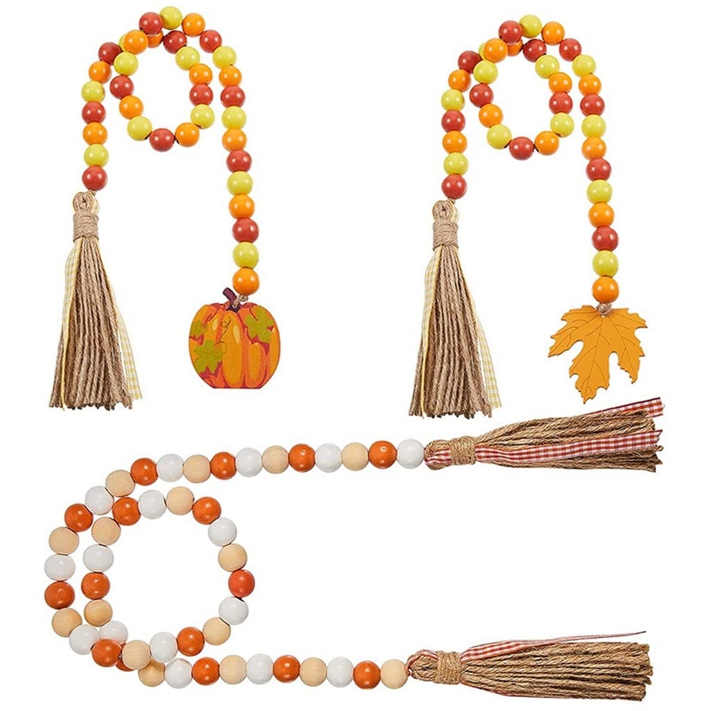 3 Pieces Fall Wood Bead Garland with Tassel Colorful Wood Bead Decorations Pumpkin Maple Leaves Thanksgiving Decoration (Color : A Size : One Size)