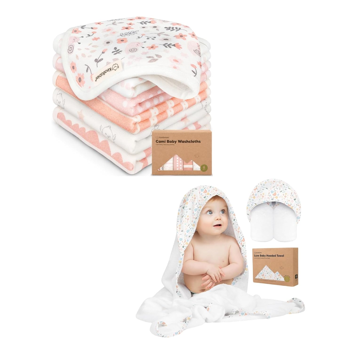 KeaBabies 6-Pack Cotton Baby Washcloths for Newborn, Kids and Baby Hooded Towel - Cotton Muslin Soft Wash Cloths, Super Absorbent & Scratch-Free Rag - Hooded Towel for Infant & Toddlers