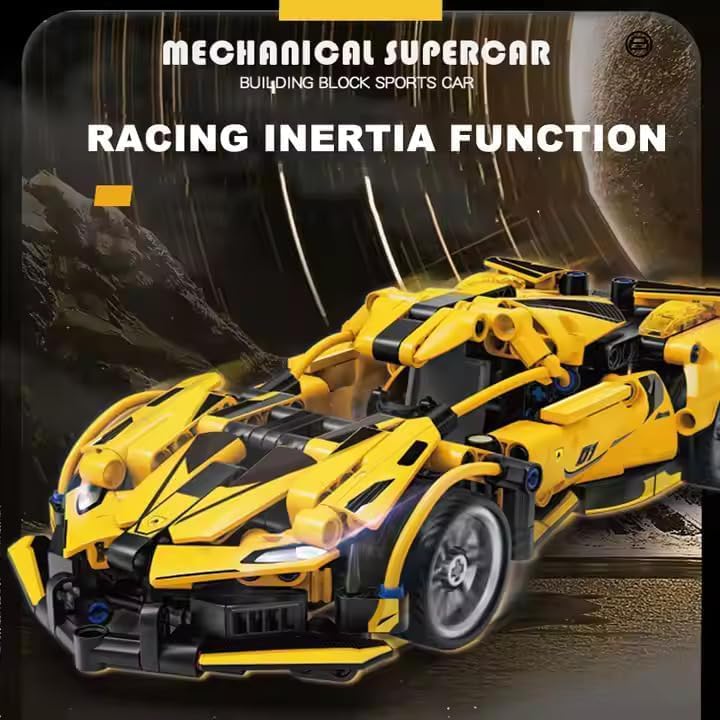 Image of 1:18 Scale Pull Back Racing Car Building Block Set (422-520 PCS) | Creative Assembly Toy for Collectors & Enthusiasts | Compatible Brick Model Kit (Yellow Ferrari)