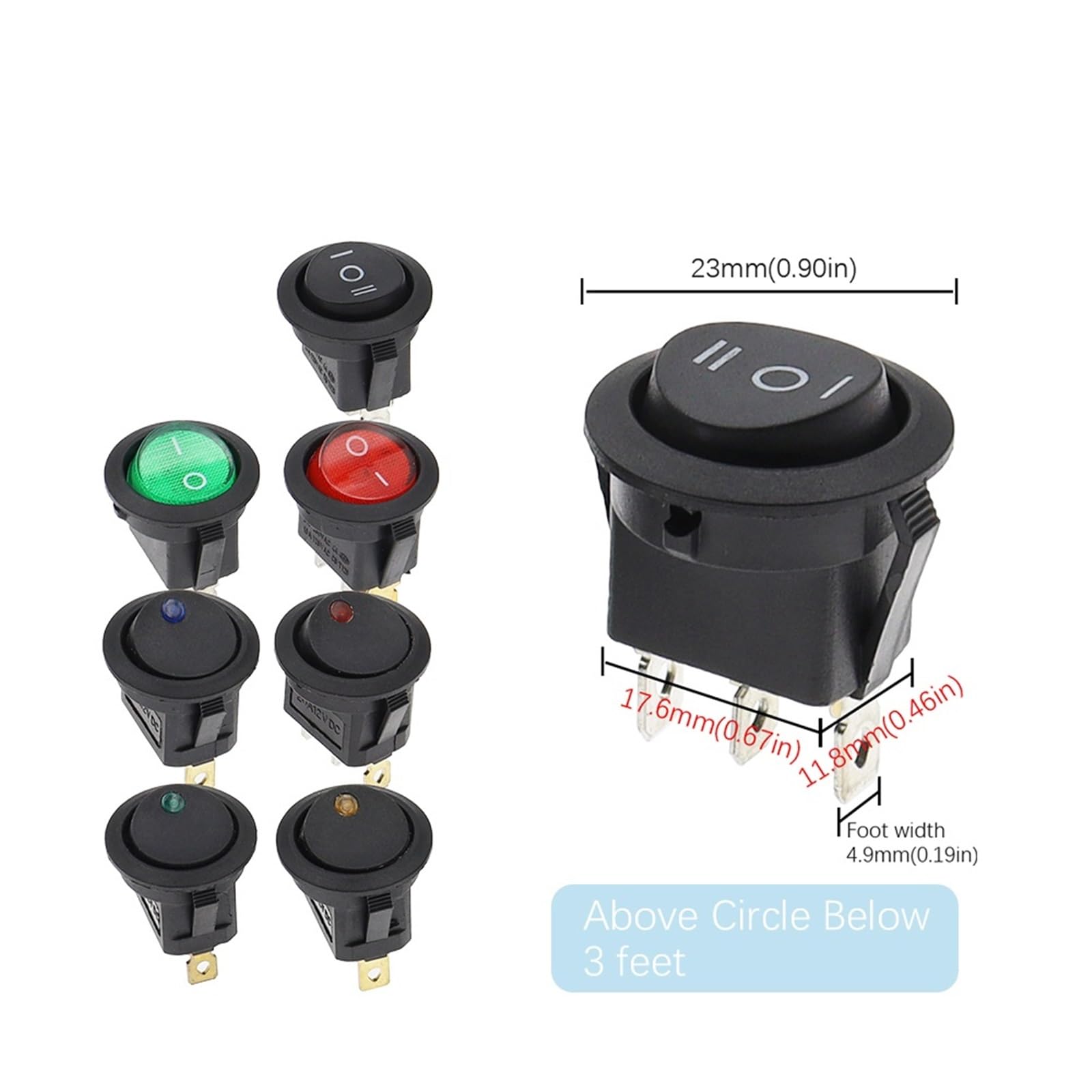 Okrągły przełącznik kołyskowy ON/OFF podświetlany LED do deski rozdzielczej samochodu, vana, 12V 24V / 6A 250V / 10A 125V 2/3/4PIN przełącznik 20 mm 5 sztuk(3 piny ON-OFF-ON)