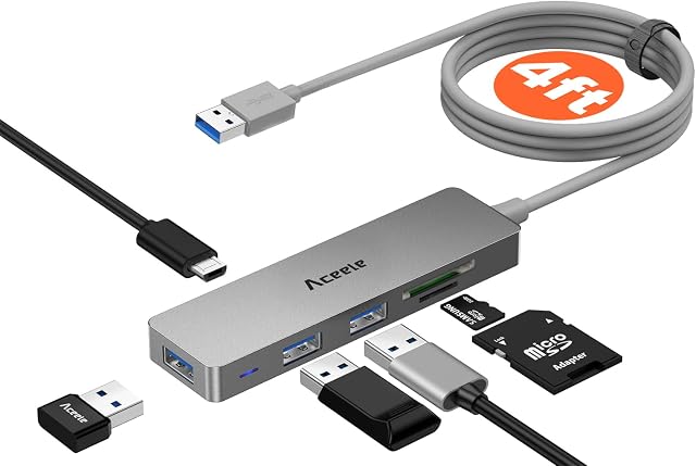 Aceele Hub USB 3.0 6-portowy, ultracienki z kablem 4FT, SuperSpeed 5 Gbps, port odtwarzania SD/TF, Micro USB Power Port dla MacBooka Pro, Surface Pro, Dell XPS 15, Flash Drive.