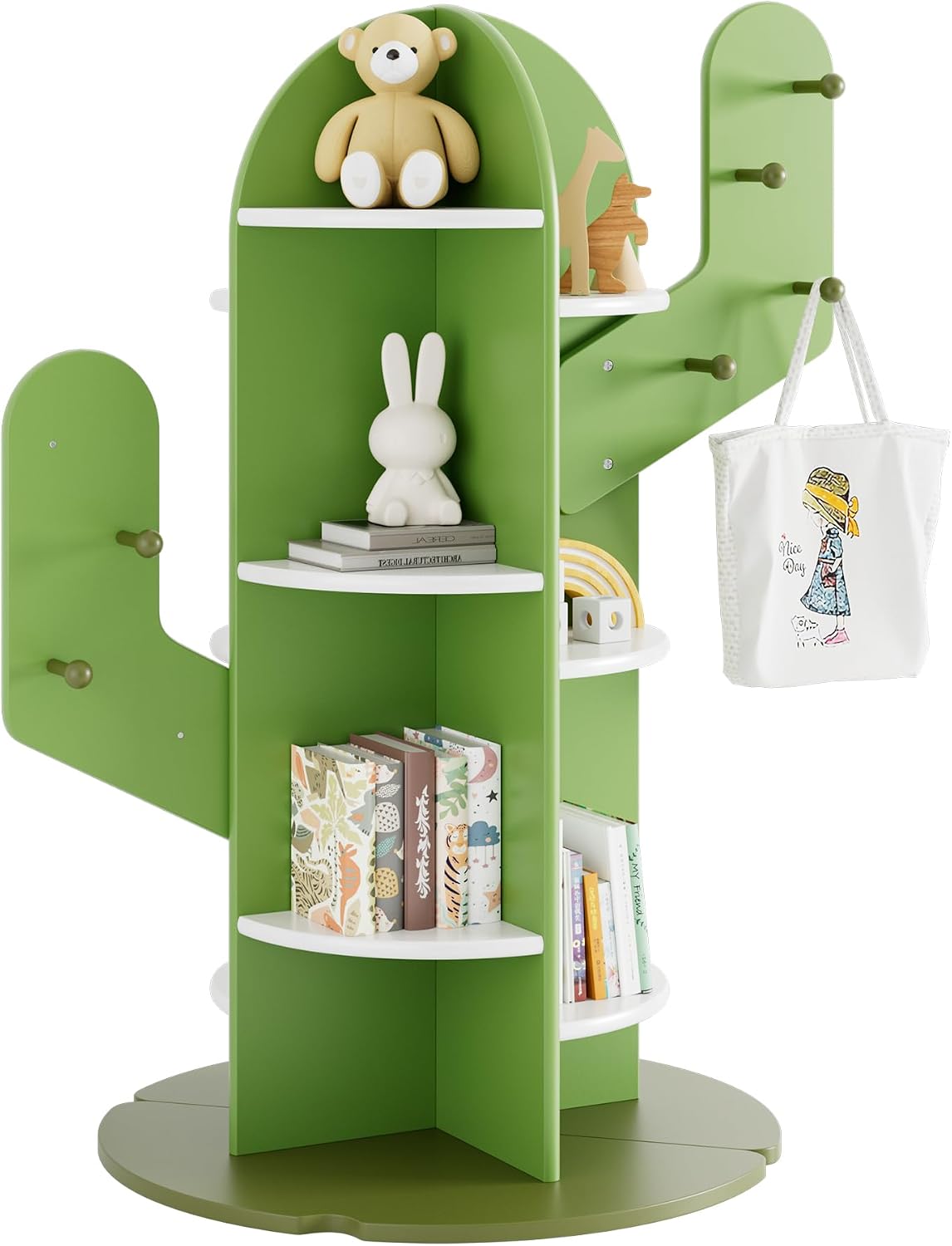 BVIUNTWO Tree Kids Bookshelf andToy Storage with Hooks, 6-Tier Montessori Bookcase, Children’s Display Shelf for Playroom, Nursery & Bedroom Decor, Green