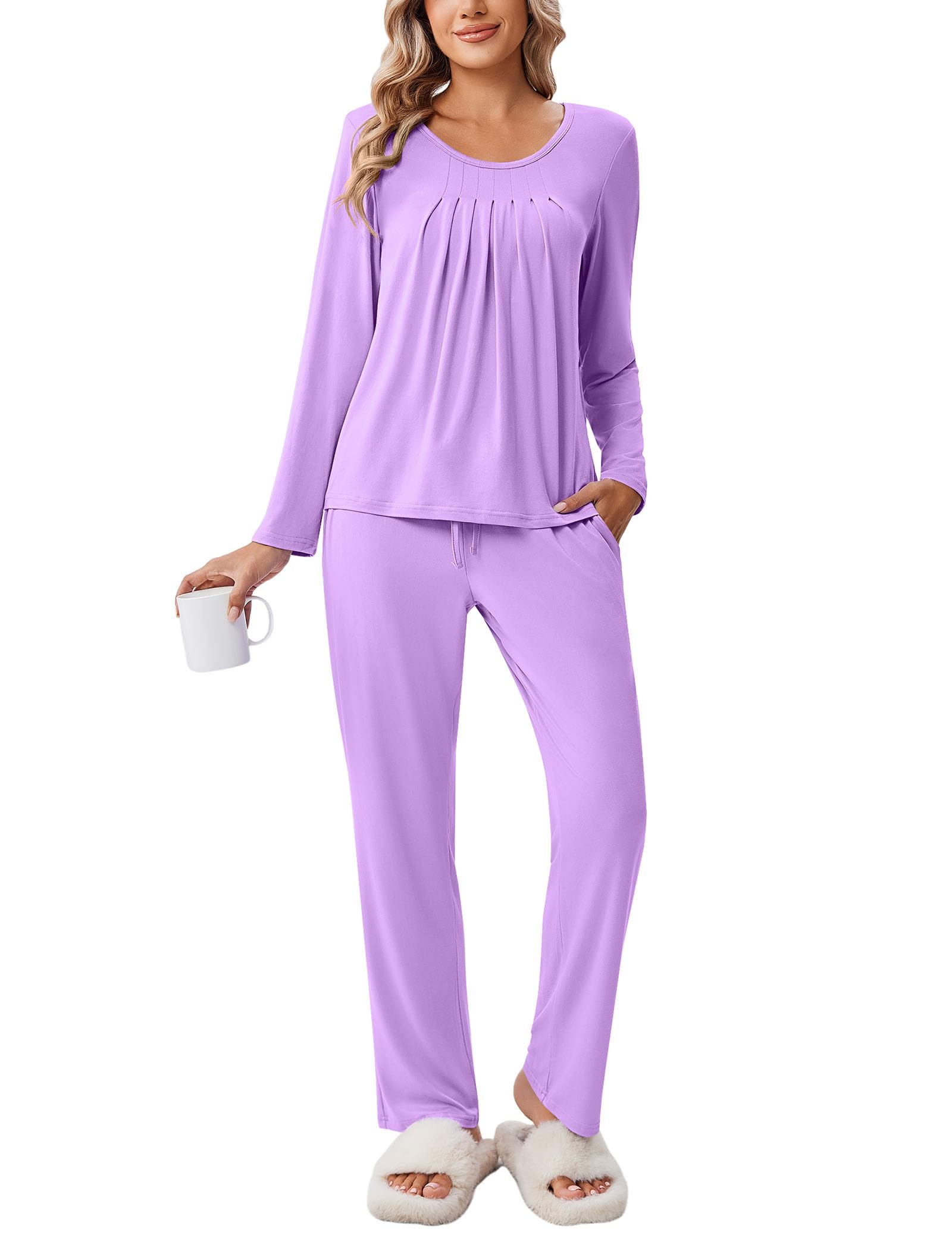 Ekouaer Pajamas for Women Set Soft 2 Piece Pjs Long Sleeve Sleep Set Loungewear With Pocket