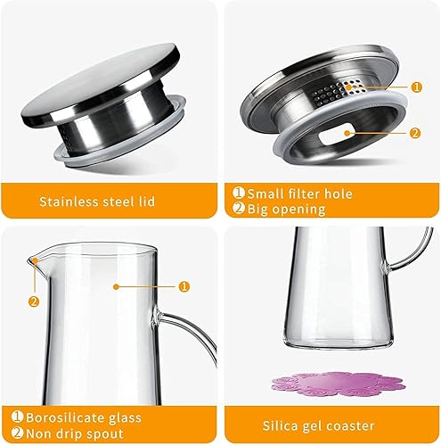 Miniatura 7 de Jarra de vidrio con tapa, jarra de agua de vidrio resistente al calor con asa para refrigerador, jarra para té helado, leche, bebidas calientes y