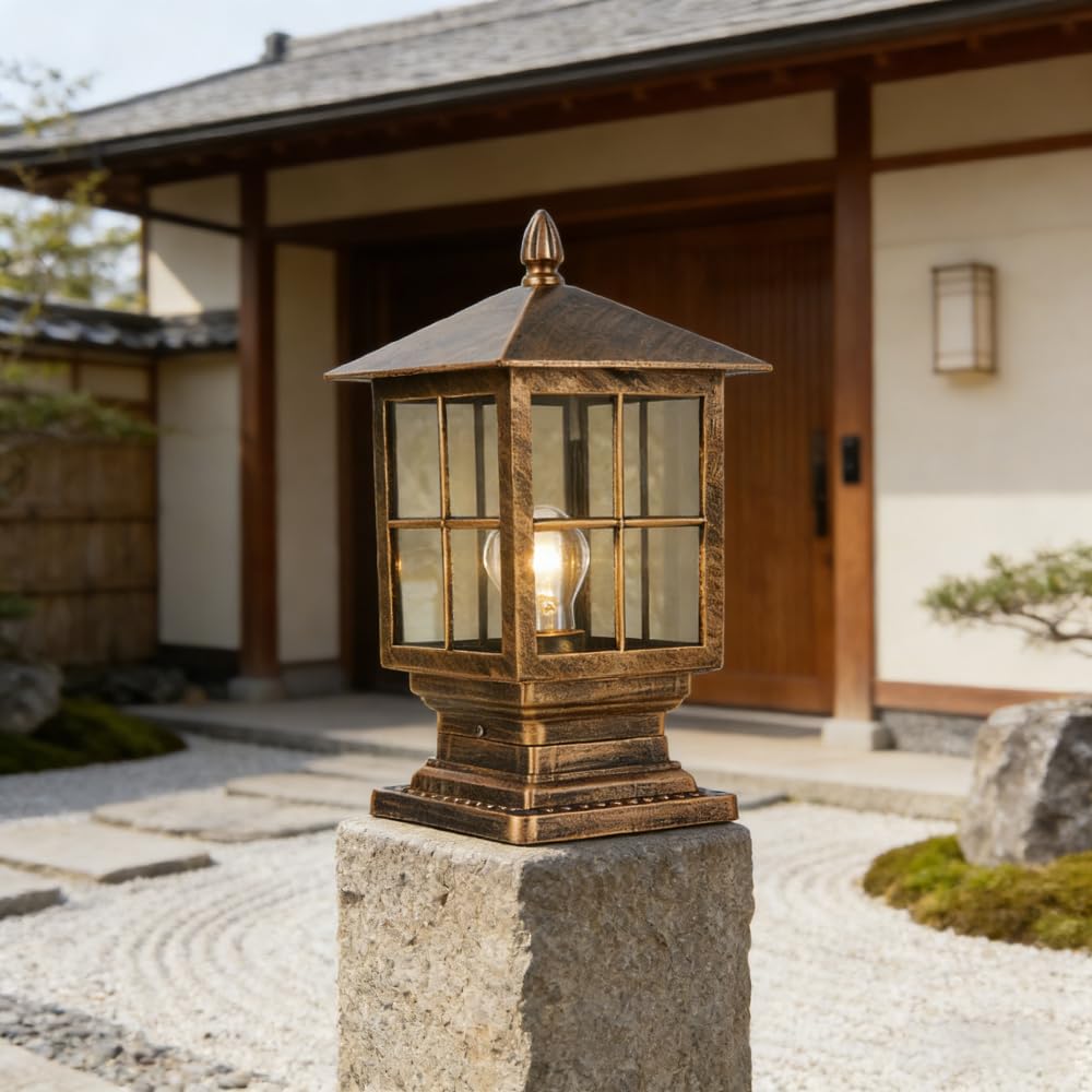 XINYASEE Retro Außenleuchte für Pfosten, IP44 Wetterfeste Laterne für Garten, Terrasse und Eingang, Schwarz/Gold, E27 Sockel, Klassische Gartensäuleleuchte mit Glasfenstern (Gold)