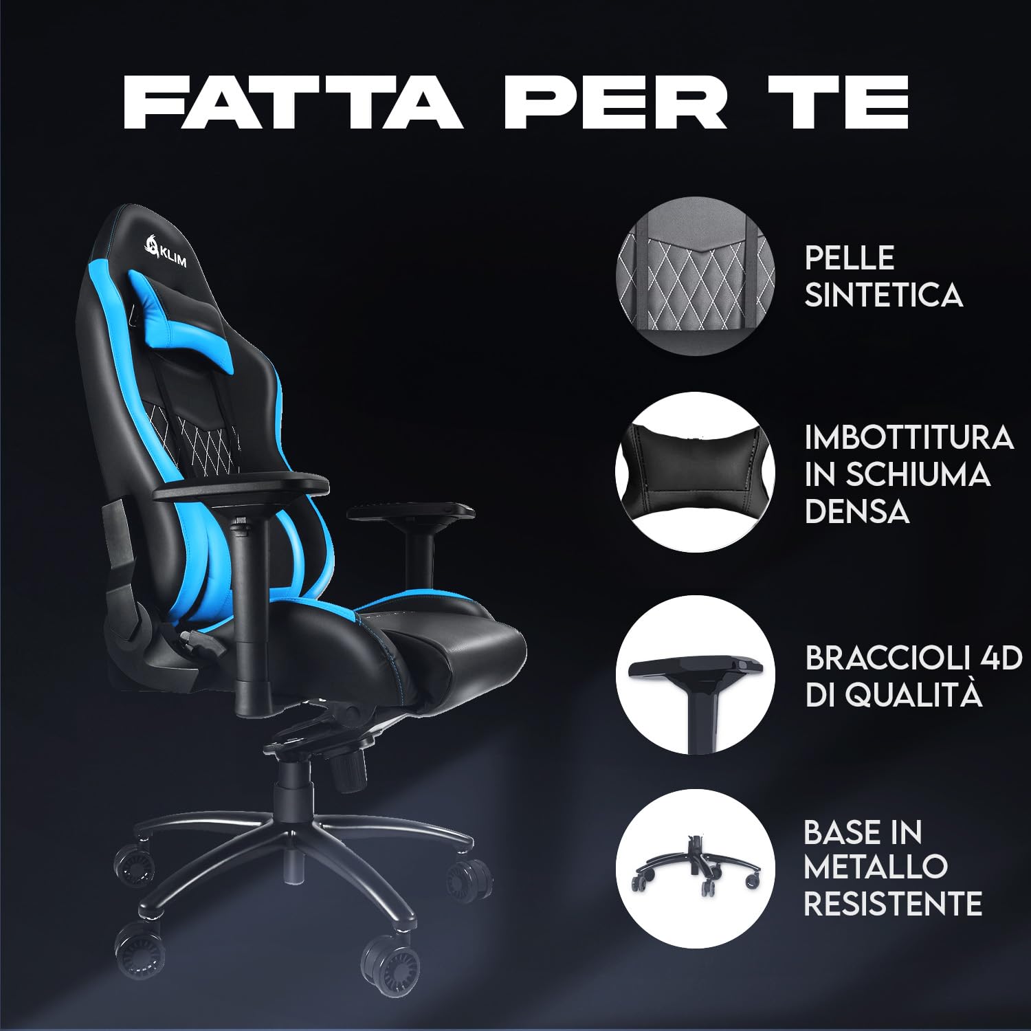 KLIM eSports - Sedia gaming blu di Alta Qualità + Supporto Lombare e Cervicale + Reclinabile + Poltrona Gaming Ergonomica e Regolabile + Pelle Sintetica e Materiali Premium [NUOVA VERSIONE]