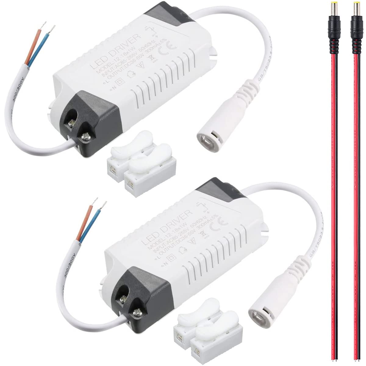 2 pz Driver LED 12-18W Alimentatore Trasformatore Adattatore Corrente Costante 300mA Alta Potenza AC 85-265V DC Uscita Bassa Tensione con Cavo DC Maschio CH-2 Connettore del Cavo