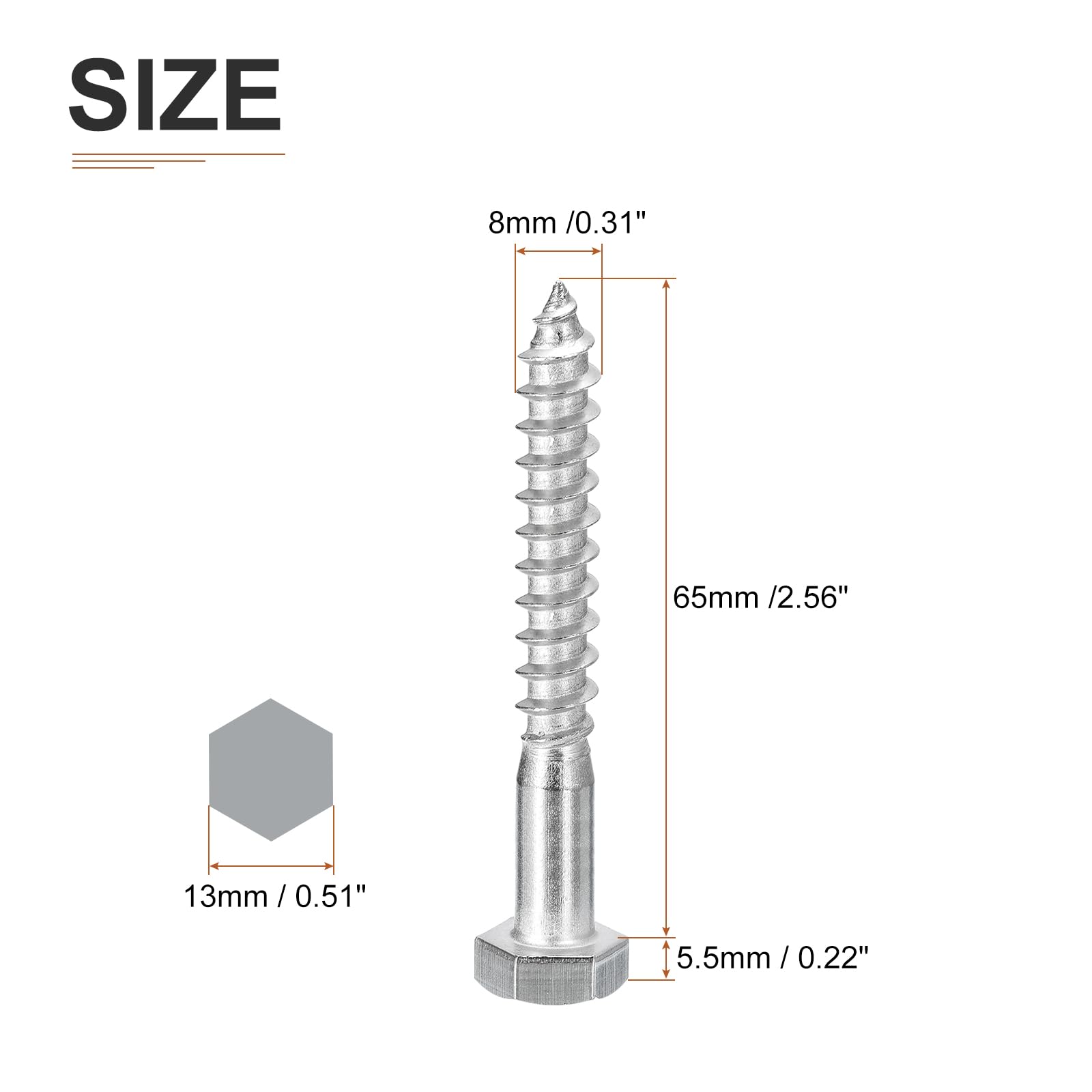 DTGN M8x65mm Hex Lag Bolts -12 Pack, for Woodworking Furniture - Image 2