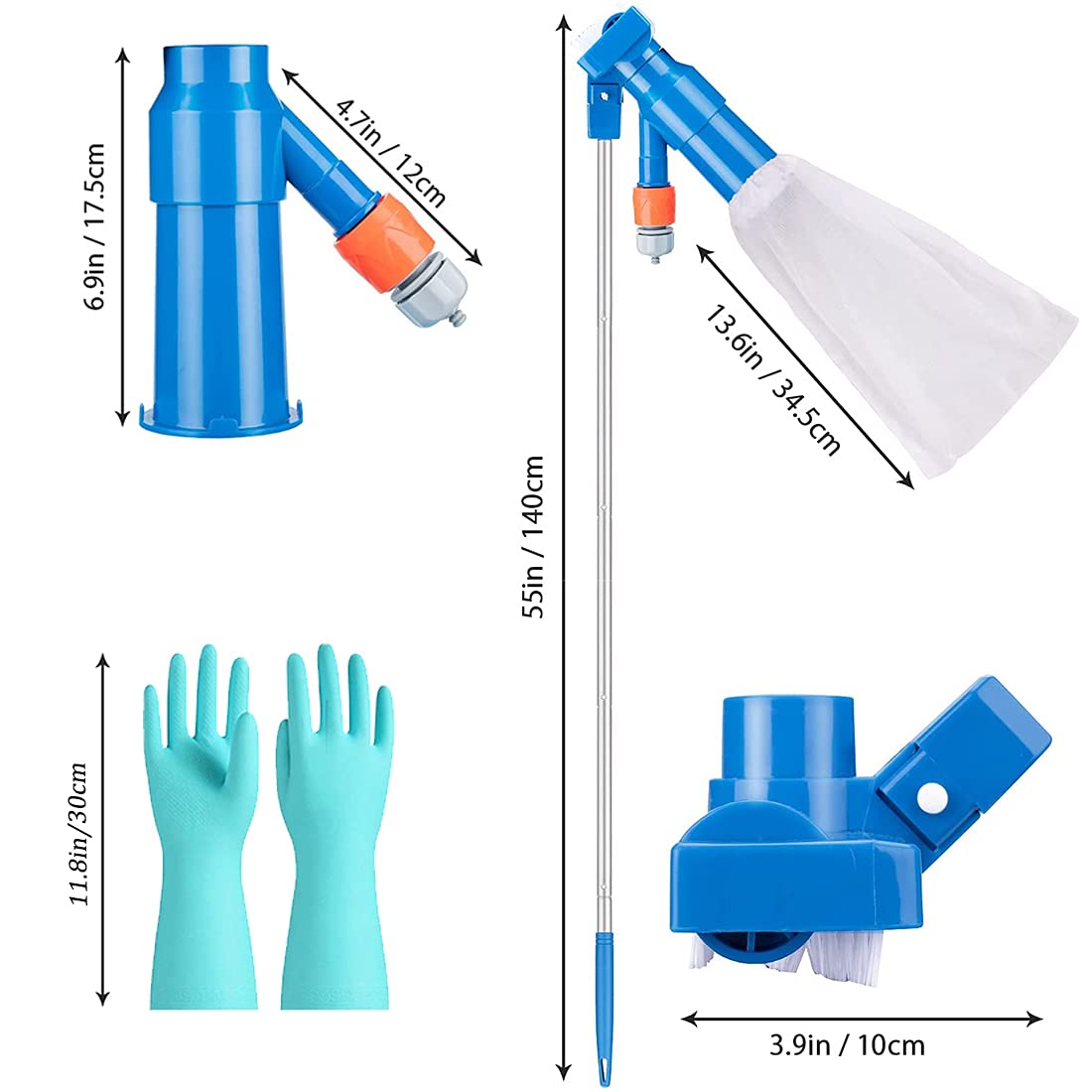 Aspirateur de Piscine Mini Jet avec Tête d'aspiration à Nettoyage Rapide Outil de Nettoyage de Piscine avec Brosses,Sac de Collecte - Aspirateur Piscine pour Spa/étang,avec 1 Paire DE Gants