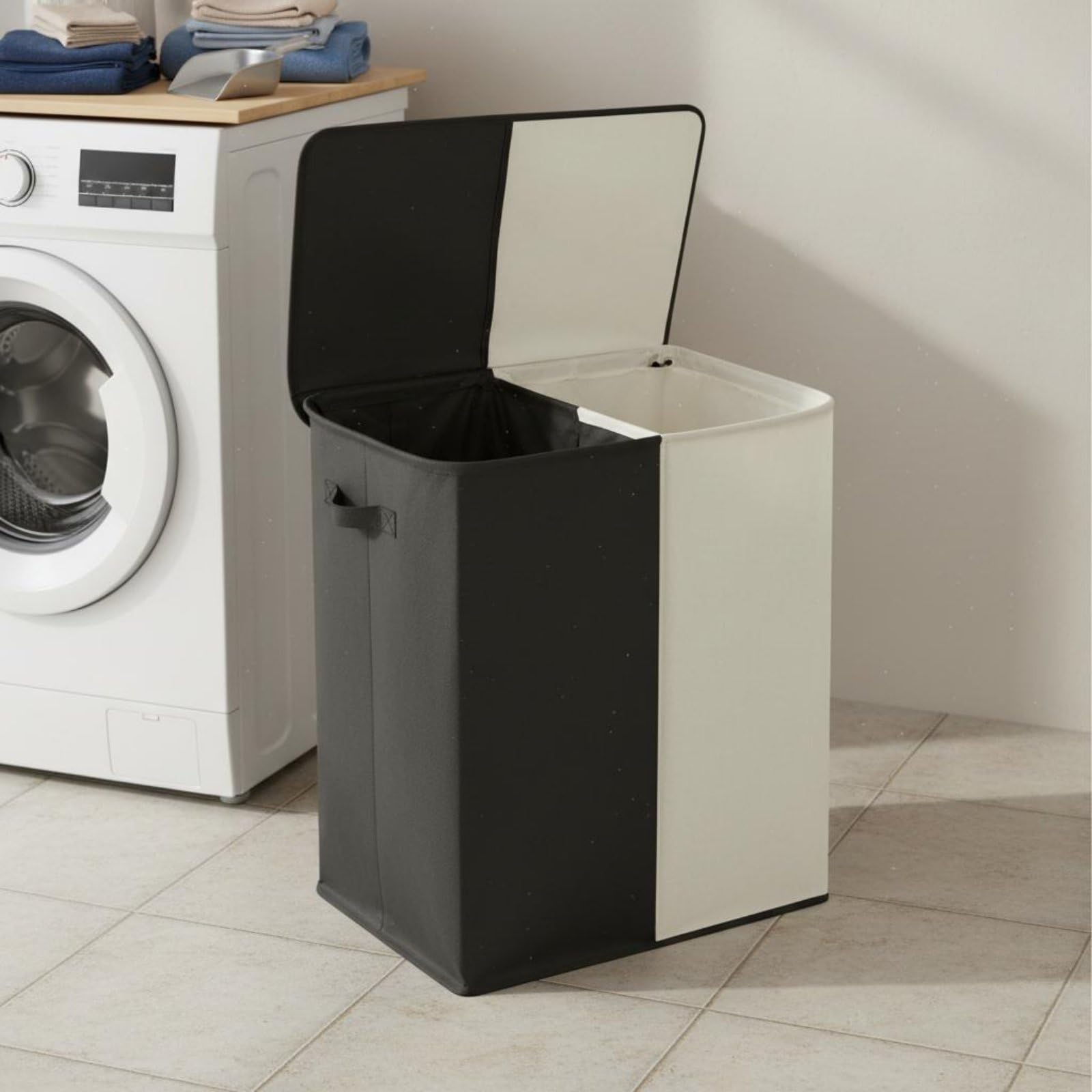 Qianly Cesto de Ropa Plegable Cesto Hamper Organizador Doble Compartimento para Bolsas Interiores Lavables Fácil Limpieza Plegable Apto para Dormitorio Sala Armario Lavandería