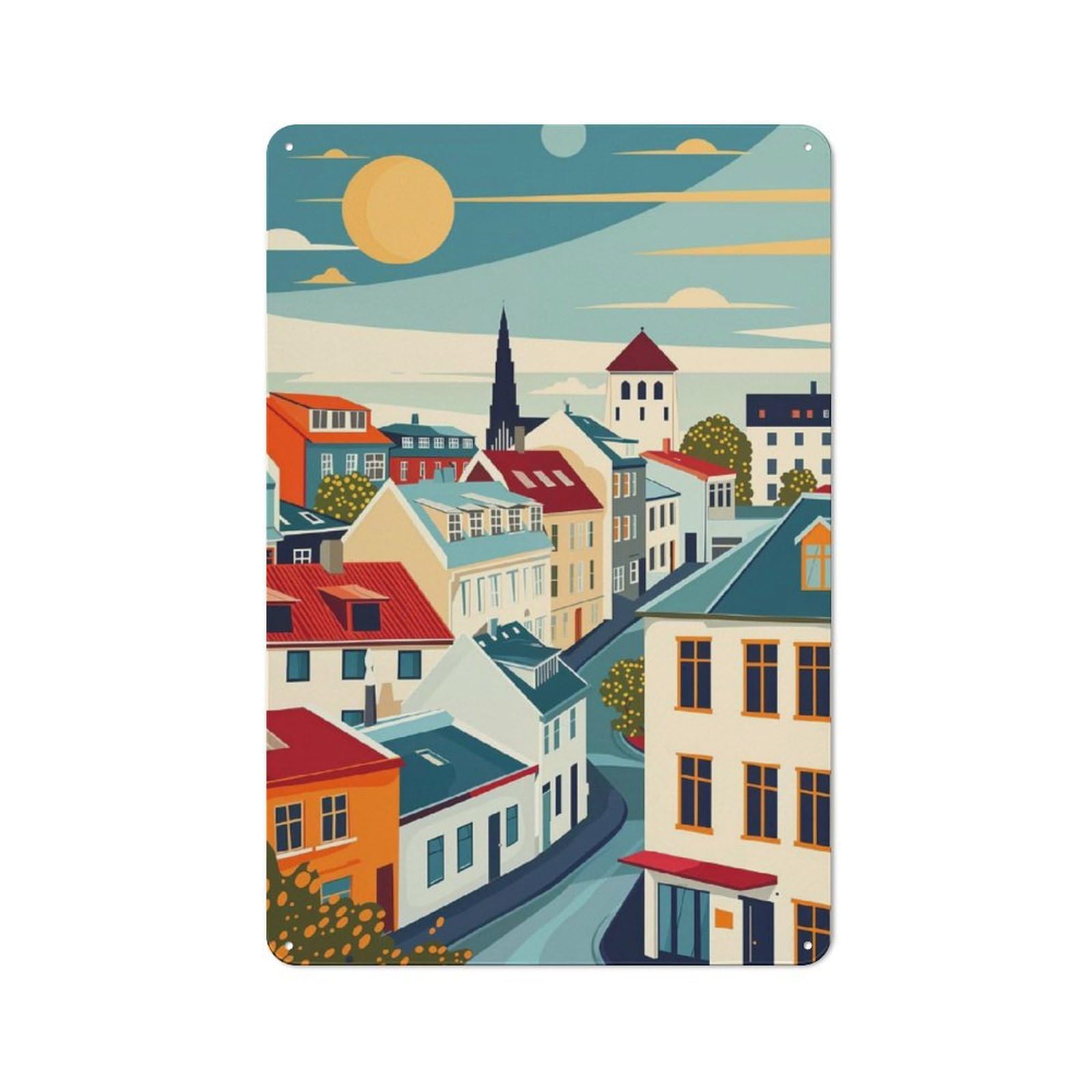 Junmoney Reykjavik Travel Poster Decorative Metal Plaque 30X20cm, Garage Style Shed Wall Plaque For Workshop, Basement, Shed Or Games Room