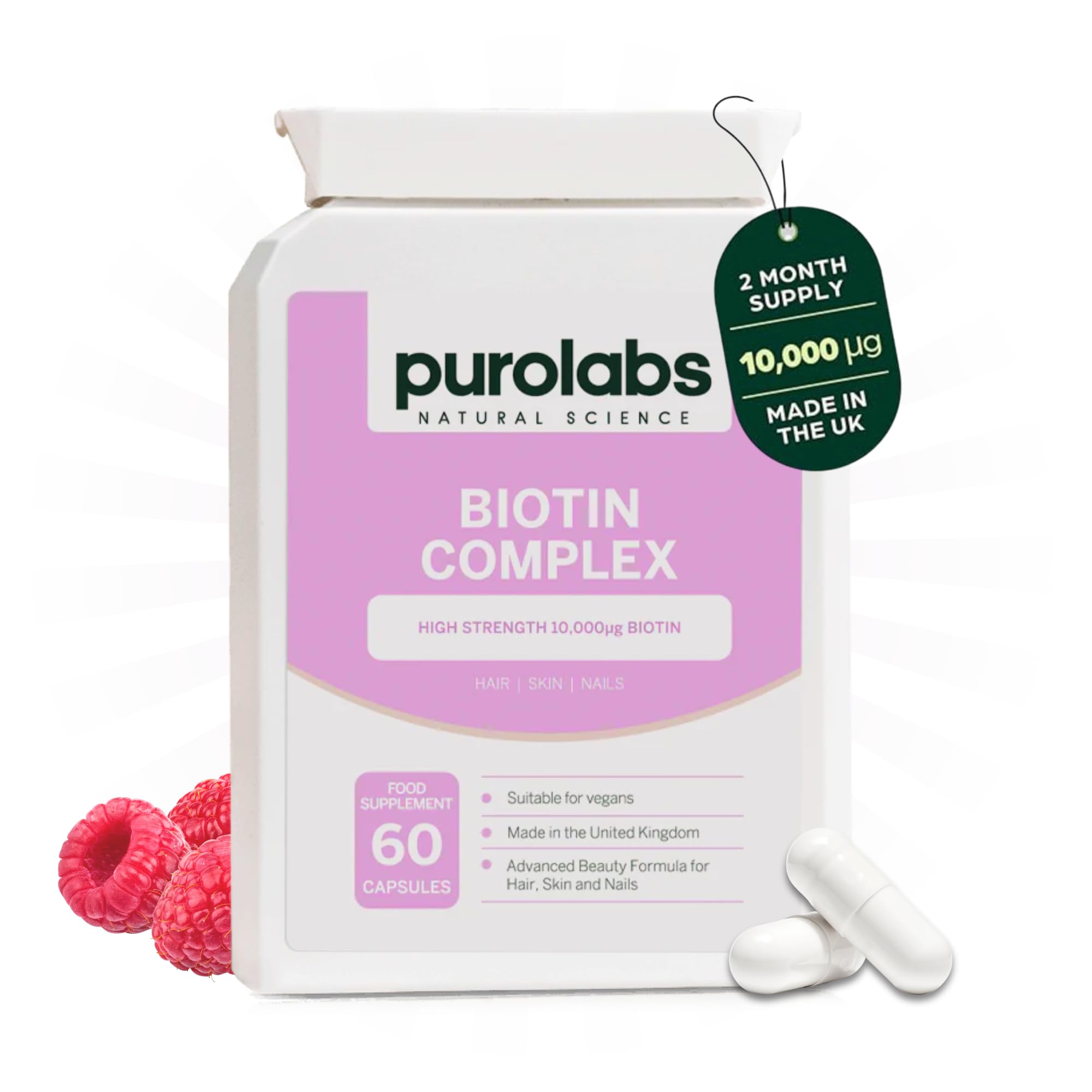 Biotin Hair Growth Supplement 10,000μg - Hair Vitamins for Men & Women - Vitamin B7 Tablets for Skin & Nails with Zinc & Selenium - 60 Vegan Capsules - Made in The UK by Purolabs