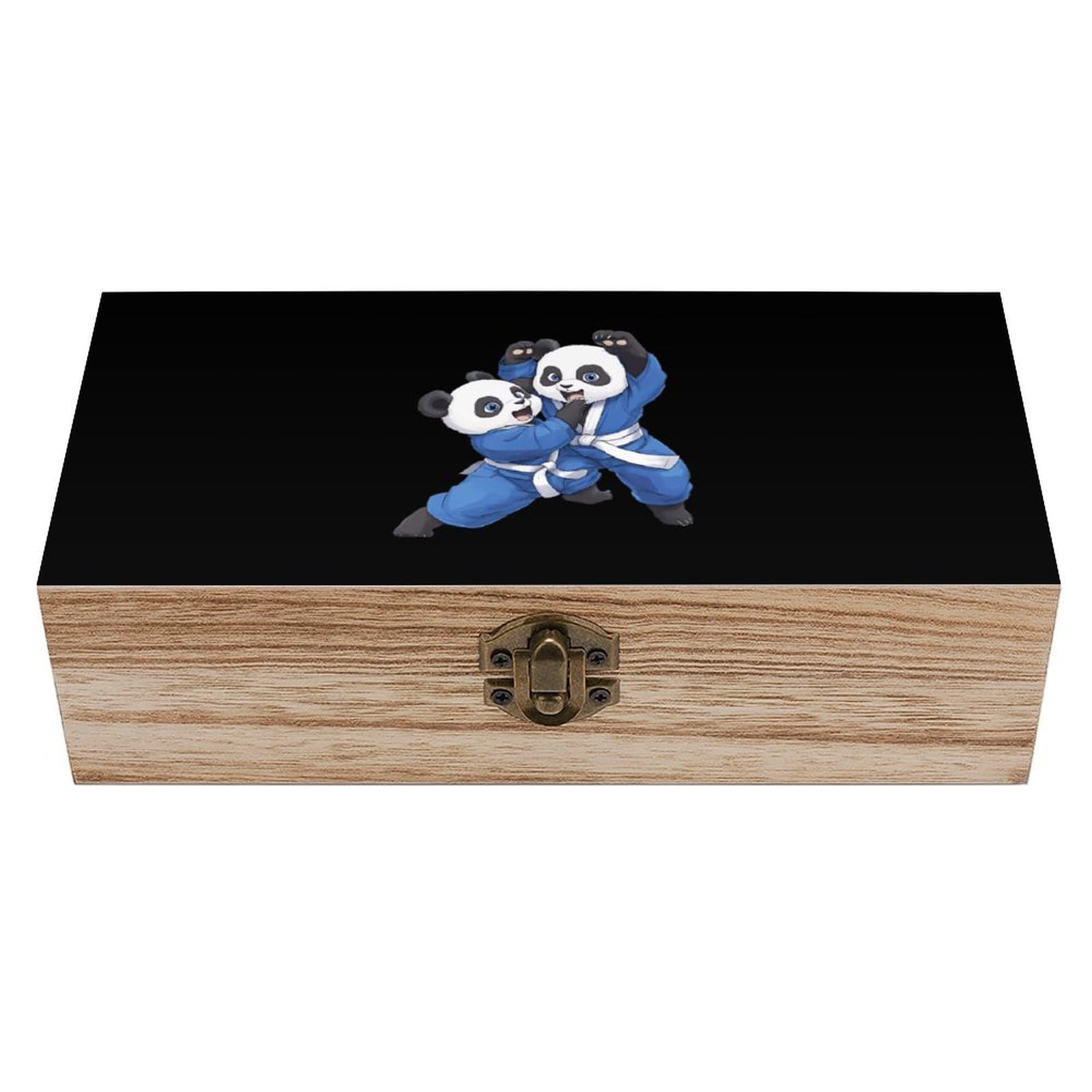 HLBSDM Panda Bears Jiu Jitsu Wooden Storage Box with Front Clasp Vintage Keepsake Boxes for Jewelry Decorative Gift Ideas for Men Women