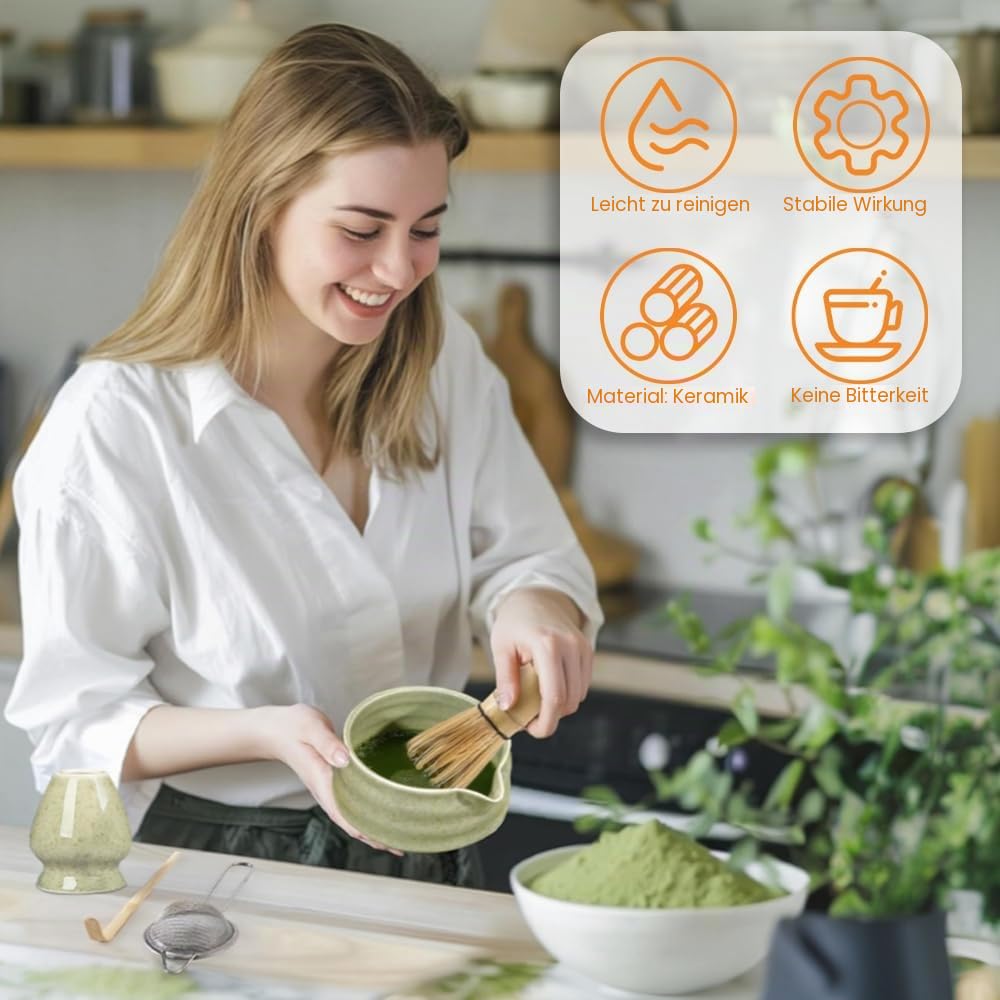Matcha Set Grün,Macha Tea Set mit MatchaSchale Löffel Sieb Whisk Besen und Matcha Besen Halter,Ceremonial Matcha Tee Set Matcha Zubehör,Macha Set mit Schneebesen Klein (Matcha Grün)