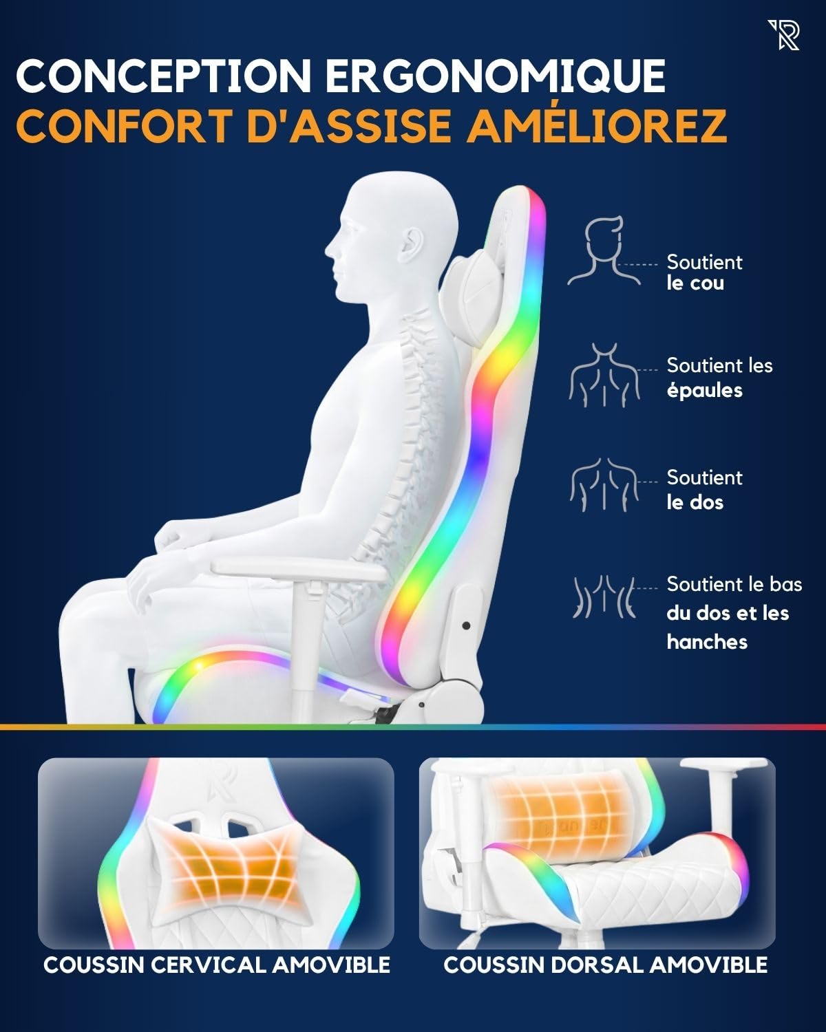 Halo Chaise Gaming RGB avec Éclairage LED, Dossier Inclinable 180°, Accoudoirs 2D, Coussins Amovibles, Base Nylon Robuste Et Confort Ergonomique pour Longues Sessions, Blanc