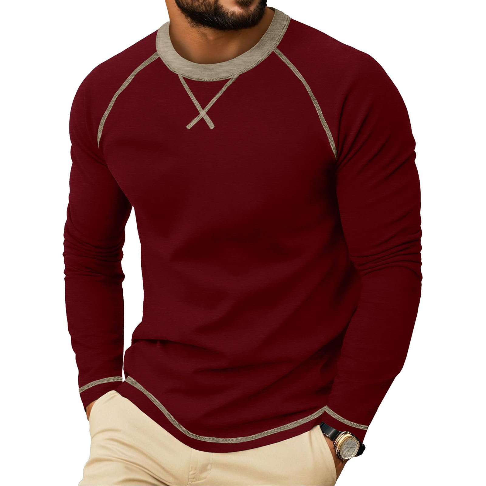 Raglan Long Sleeve Tshirts for Men Casual Pullover Crew Neck Tee T-shirts