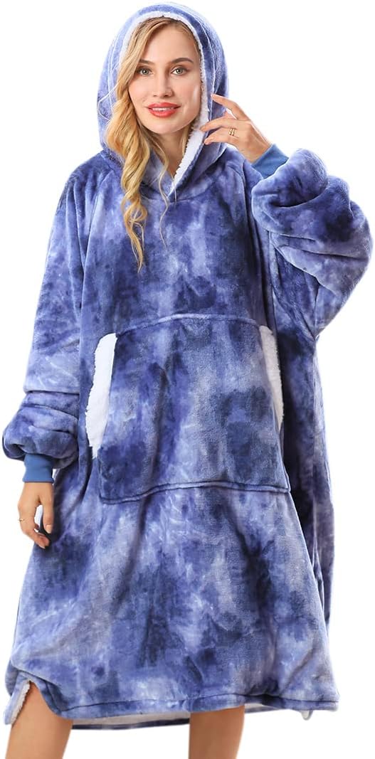 Reepow Wearable Hoodie Blanket Sweatshirt Gifts - Oversized Hooded, Large Pocket, Elastic Cuff, Reversible - Fluffy and Warm Original Oversized Hoodie for Adults - Navy Tie Dye