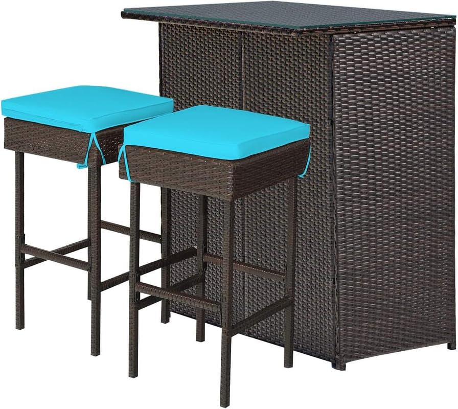 Image of OUTLIVING Patio Rattan Wicker Bar Table with Glass Top and 2 Cushion Stools | Multipurpose 2 Seater Outdoor Bar Set Furniture for Garden, Backyard, Poolside, Home and Lawn (Brown-Turquoise)