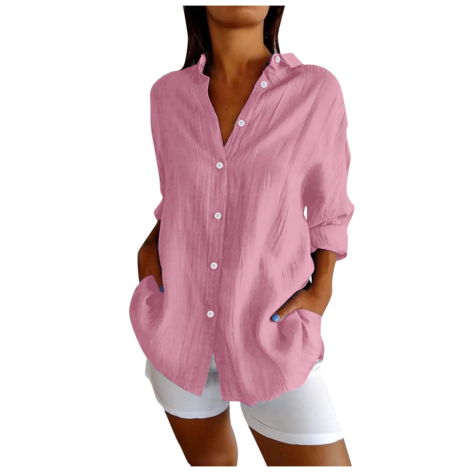 Button Down Manica Lunga 2026 Camicie di Lino per le Donne Classiche Primavera Estate Alla Moda Risvolto Colletto Mussola Abiti Spiaggia Lino Camicette di Cotone Camicette Da Donna Leggera Garza