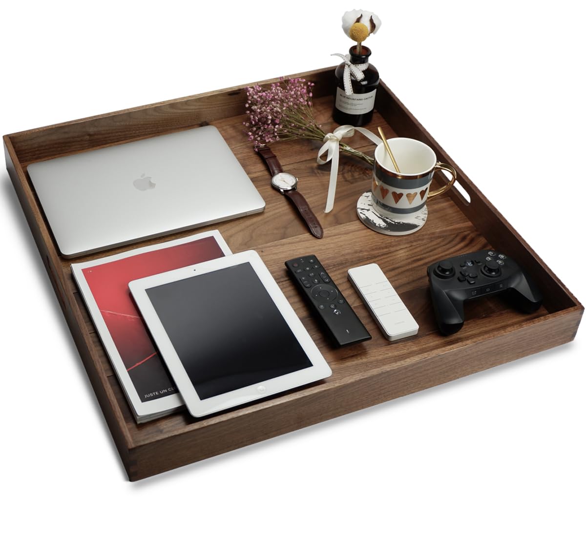 Extragroßes quadratisches Tablett aus schwarzem Walnussholz mit Griffen, für Tee, Kaffee oder Frühstück im Bett, klassisches dekoratives Serviertablett aus Holz, 61 x 61 cm