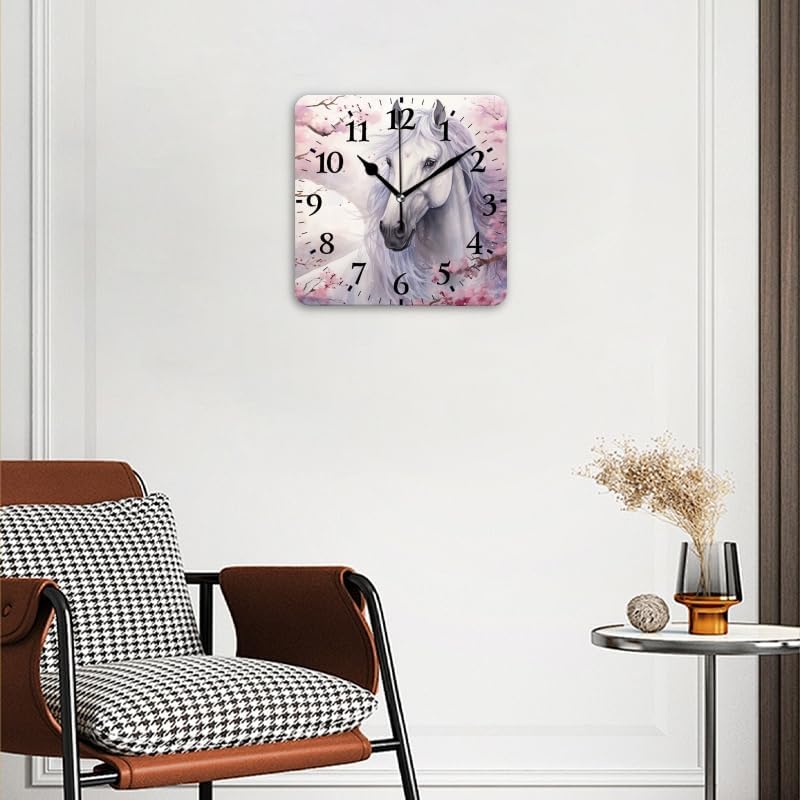 Quartz Wall Clocks Non-Ticking Silent Battery Operated Modern Wall Clocks Decorative for Home,Bedroom-White Horse Surrounded by Cherry Blossoms(12inch)