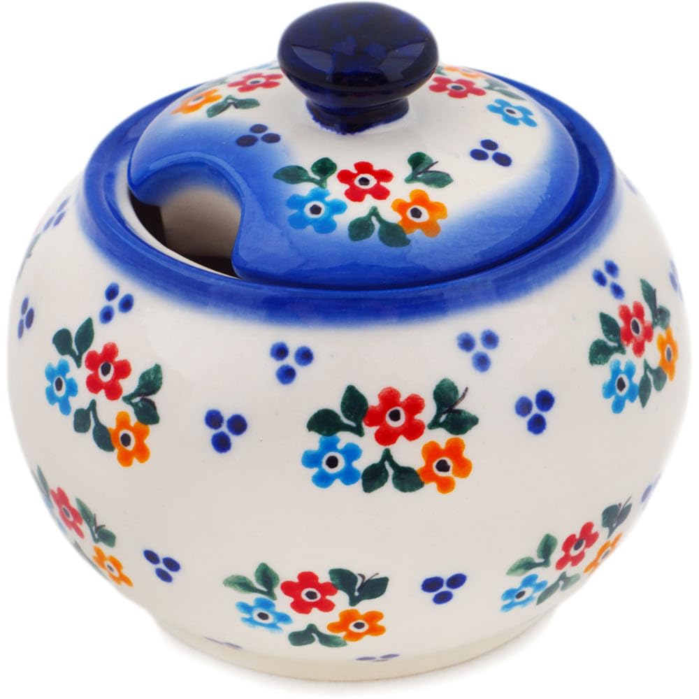 Authentic Polish Pottery Sugar Bowl 12 oz Signature UNIKAT in Sweet Clusters Design Handmade in Boles?awiec Poland + Certificate of Authenticity