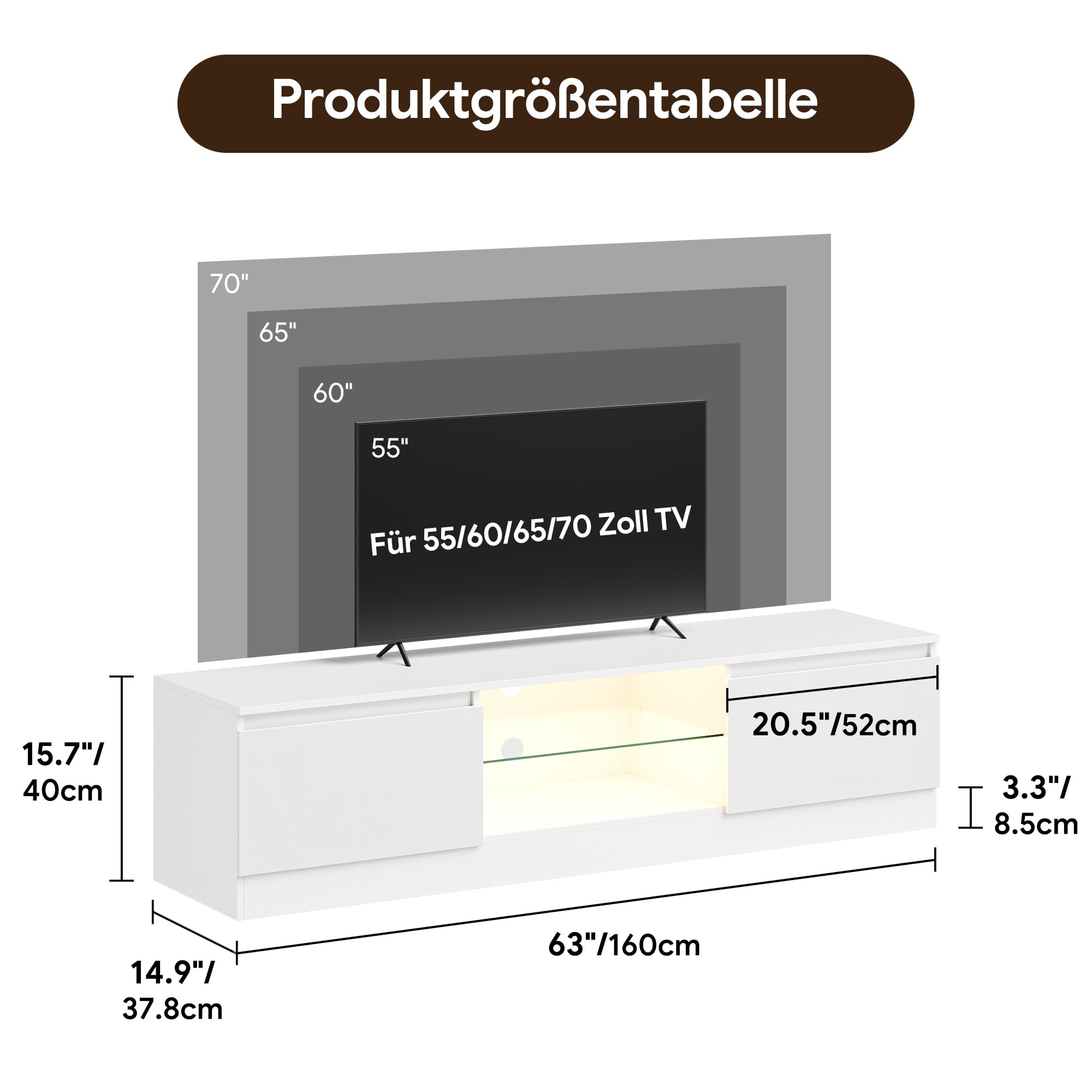 160 cm TV Schrank für Fernseher bis zu 70 Zoll, TV Board mit 16 Farben LED Beleuchtung und 2 Türen, Lowboard Stehend, Fernsehtisch für Schlafzimmer, Wohnzimmer, Esszimmer (Weiß)