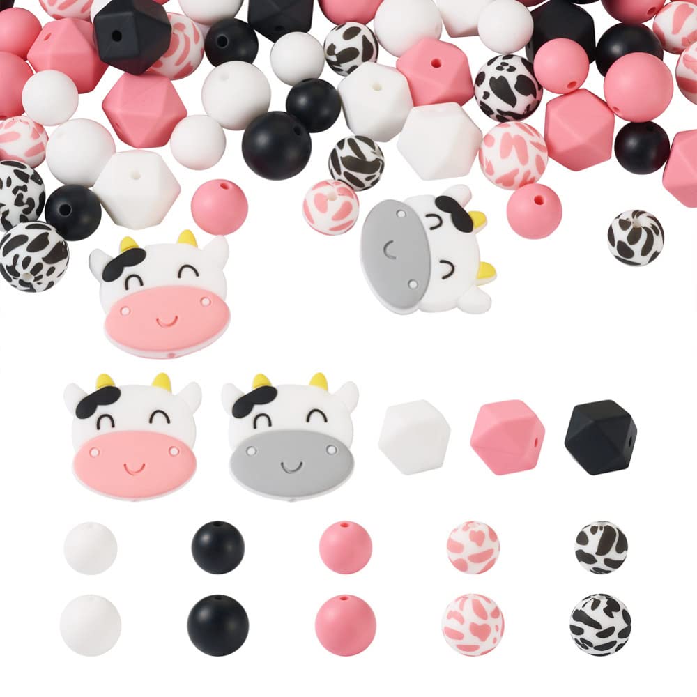 Cheriswelry 100Pcs Cow Print Silicone Beads Pink White Cow Animal Beads for Keychain Necklace Bracelet Making DIY Crafts