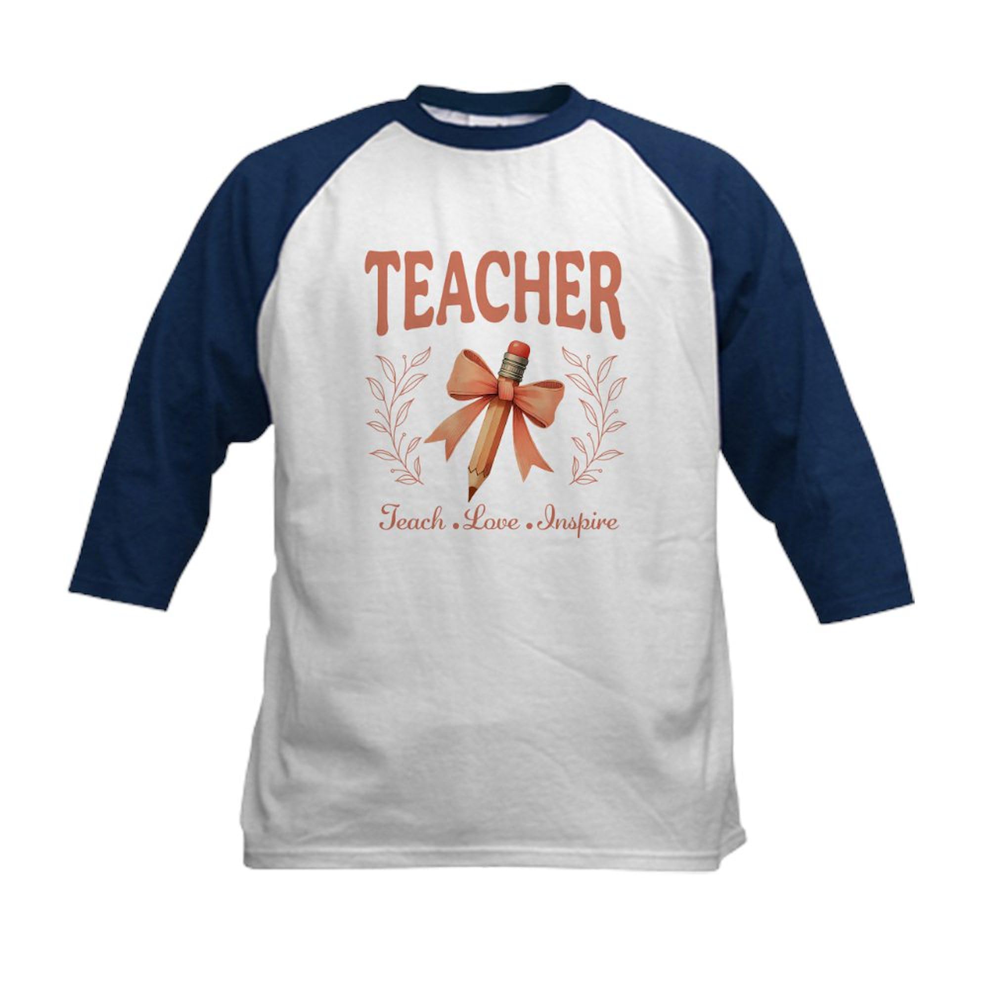 CafePress Cute Pencil with Pink Bow Teacher Kids Baseball T Shirt Kids Cotton Baseball Jersey, 3/4 Raglan Sleeve Shirt