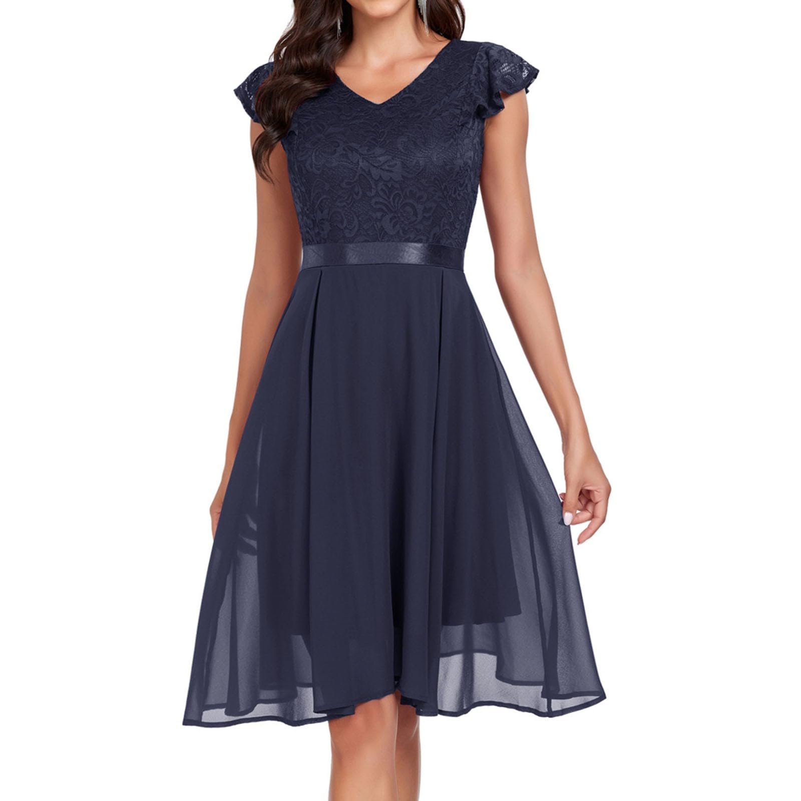 Hochzeitsgast Kleid Damen Festliches Elegantes Chiffon Cocktailkleid Abendkleid mit Kurzarm & Rüschen
