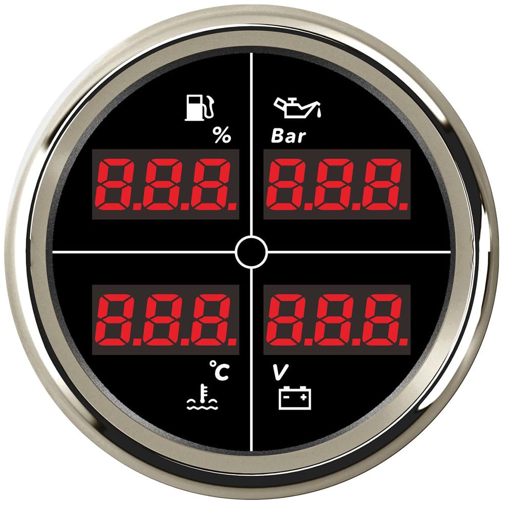 ELING 52mm (2'') 4in1 Multi-Functional Gauge Fuel Level 0-100% Oil Pressure 40-120℃ Water Temperature Gauge Voltmeter 12V 24V for Auto Motorboat Tractor with 8 Colors Backlights