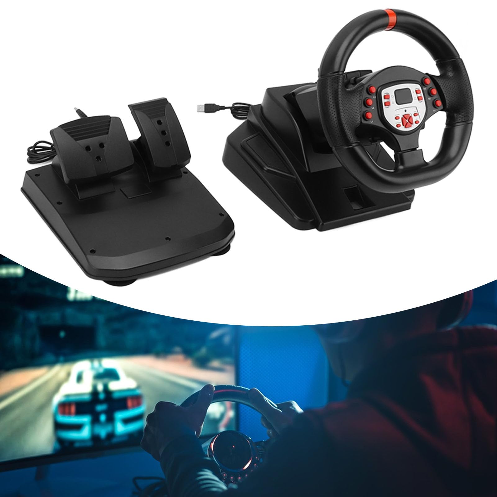 Cosiki Volante de Carreras, Volante para Juegos, Vibración, Volante para PC con Pedal, Paleta de de 180 Grados, 5 en 1 Driving Force Racing Wheel Simulador de Carreras para PC