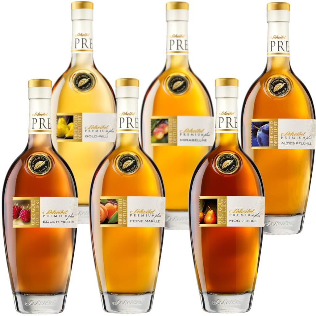 Scheibel PREMIUMplus Mega-Sparset: Moorbirne, Gold-Willi, Feine Marille, Edle Himbeere, Altes Pflümle & Mirabelline (6 x 0,7l) – Das komplette Genießer-Paket von Edelbraende – 40-43% vol.